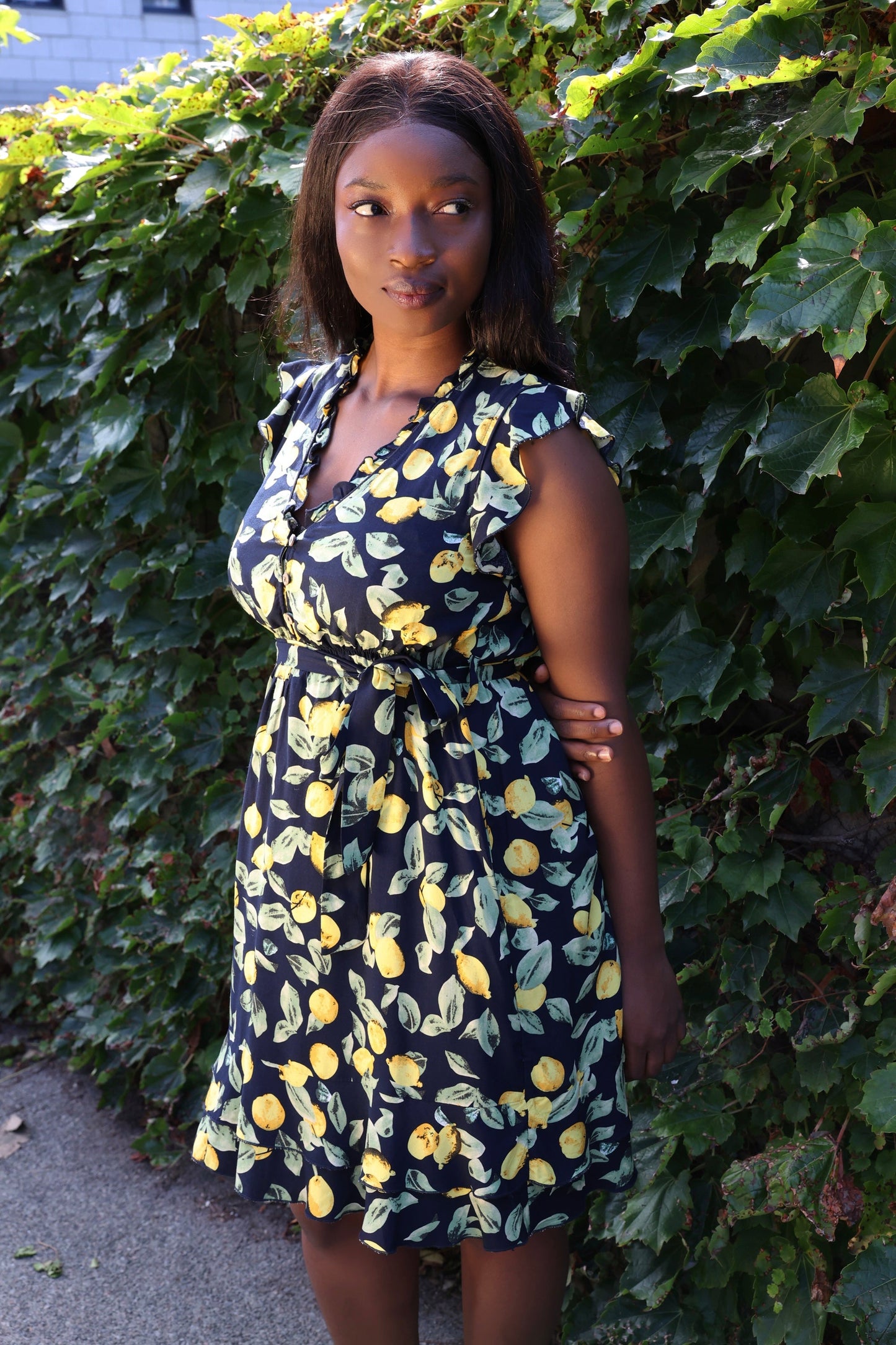 Natasha Lemon Print Short Dress Belt Pockets Ruffled Hem