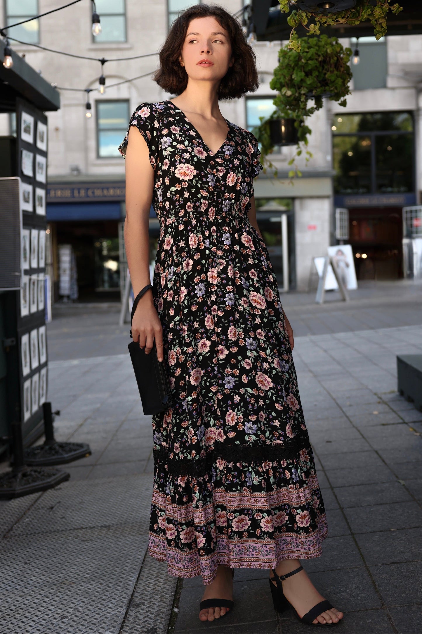 Michelle Black Floral Maxi Dress Smocked Waist Boho Border Print