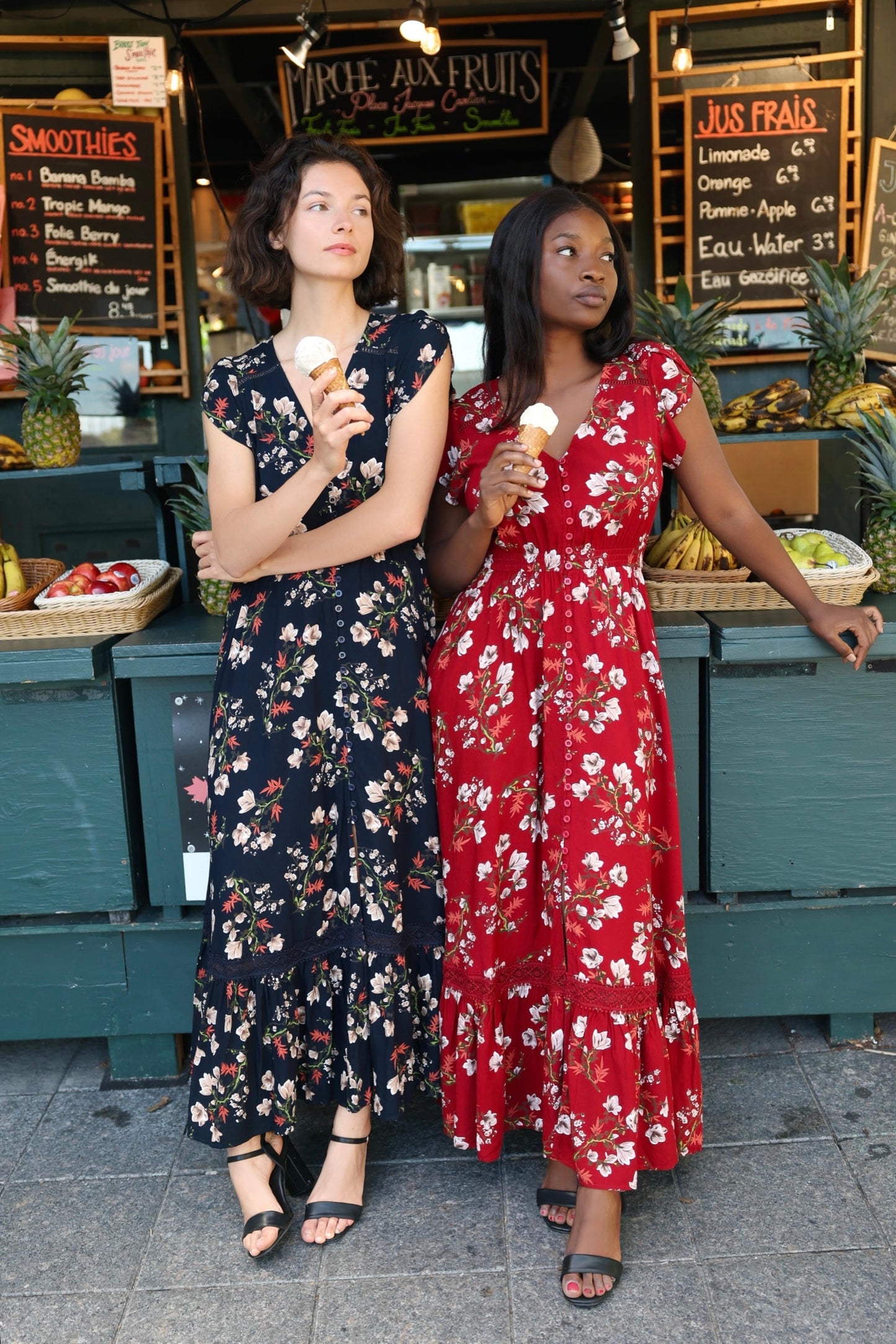 Garance Floral Button-Front Midi Dress with Short Sleeves