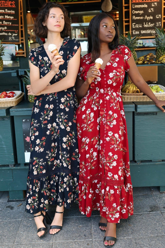 Garance Floral Button-Front Midi Dress with Short Sleeves