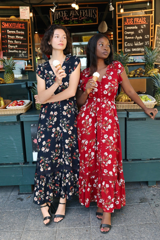 Garance Floral Button-Front Midi Dress with Short Sleeves