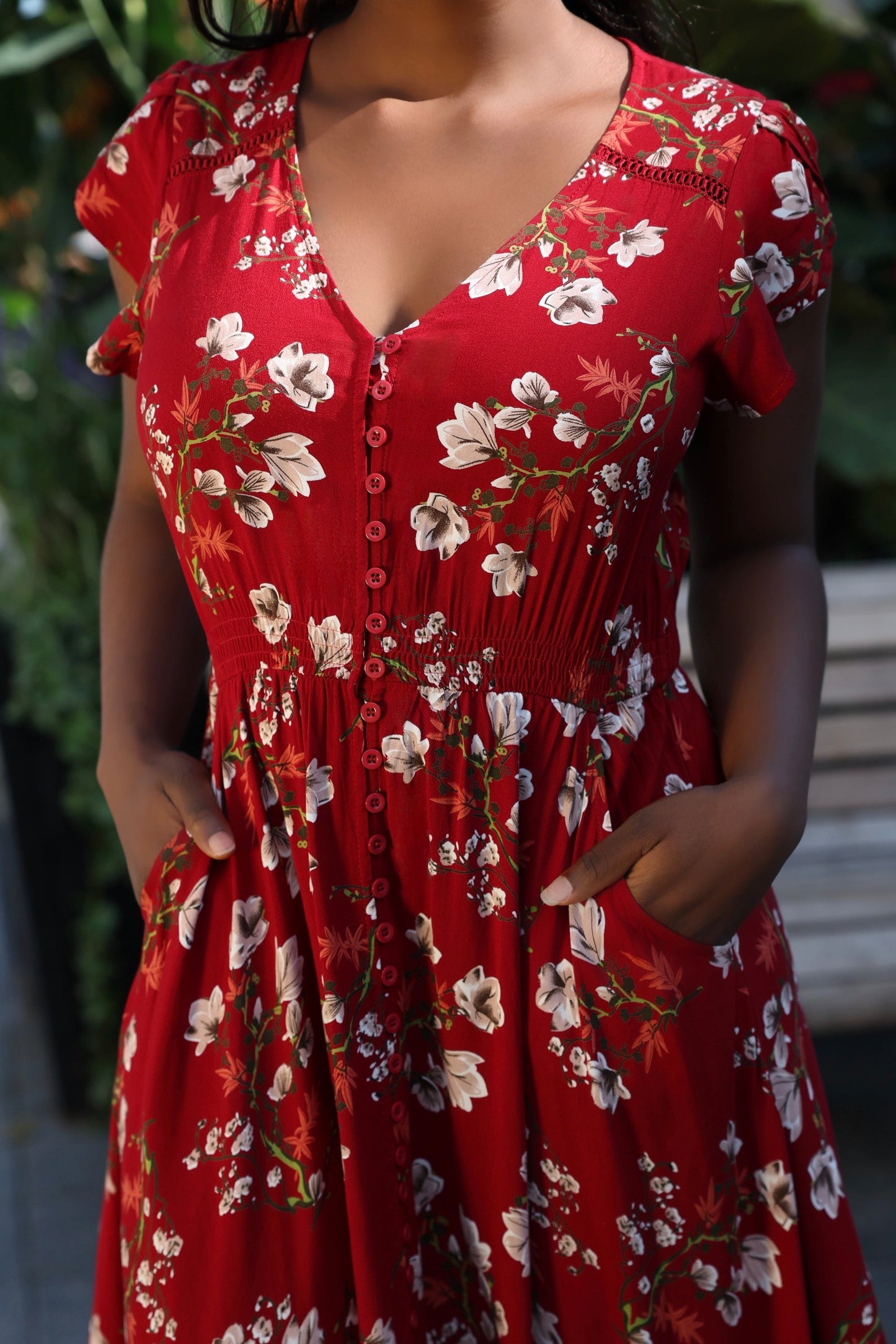 Garance Floral Button-Front Midi Dress with Short Sleeves