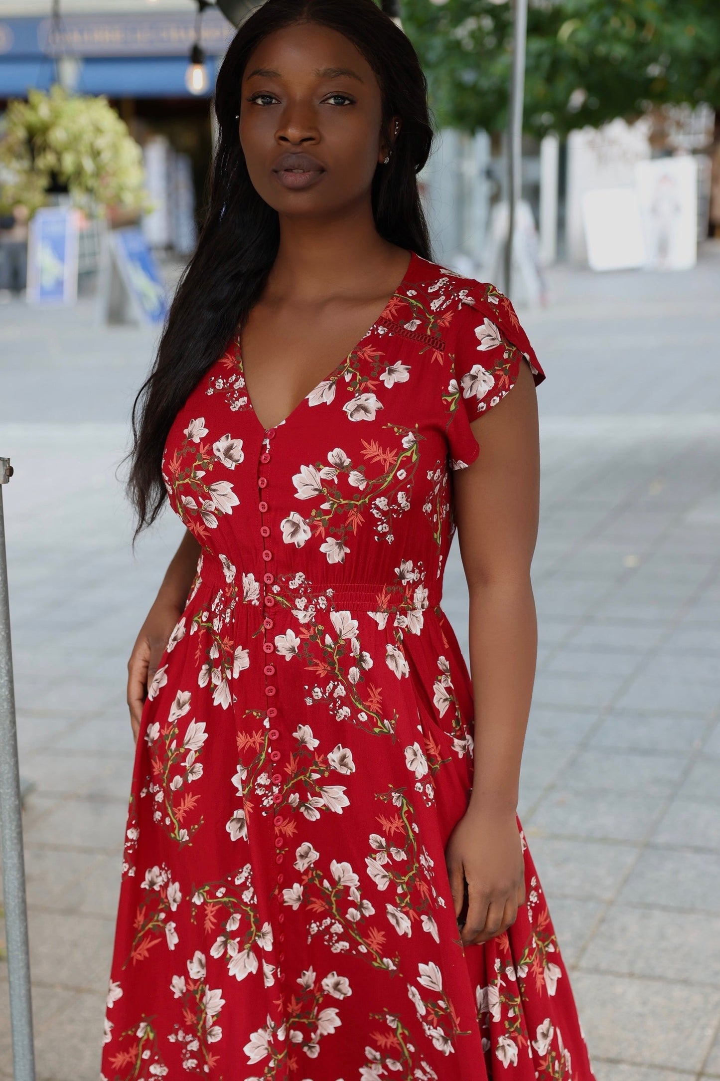 Garance Floral Button-Front Midi Dress with Short Sleeves