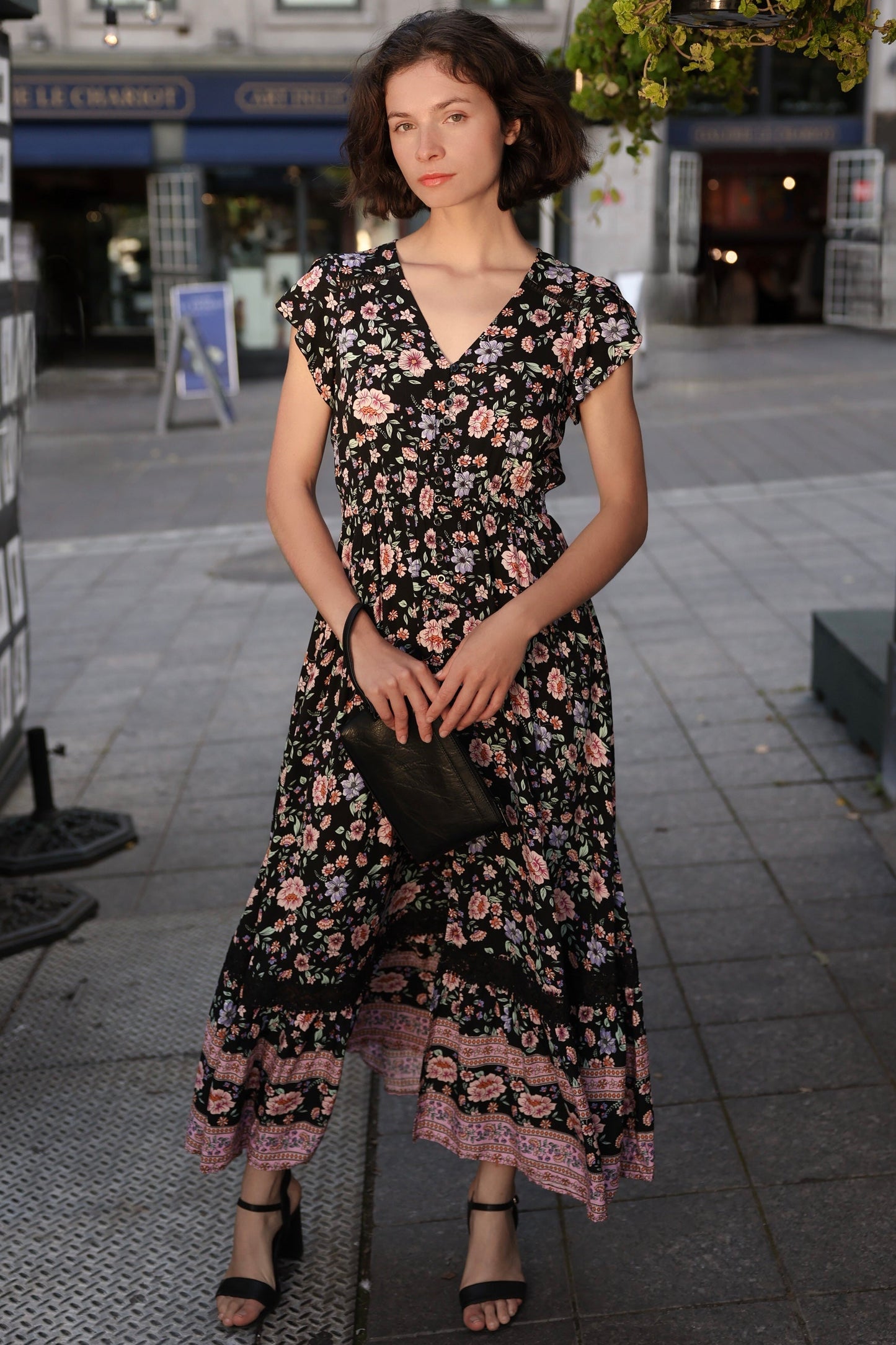 Michelle Black Floral Maxi Dress Smocked Waist Boho Border Print