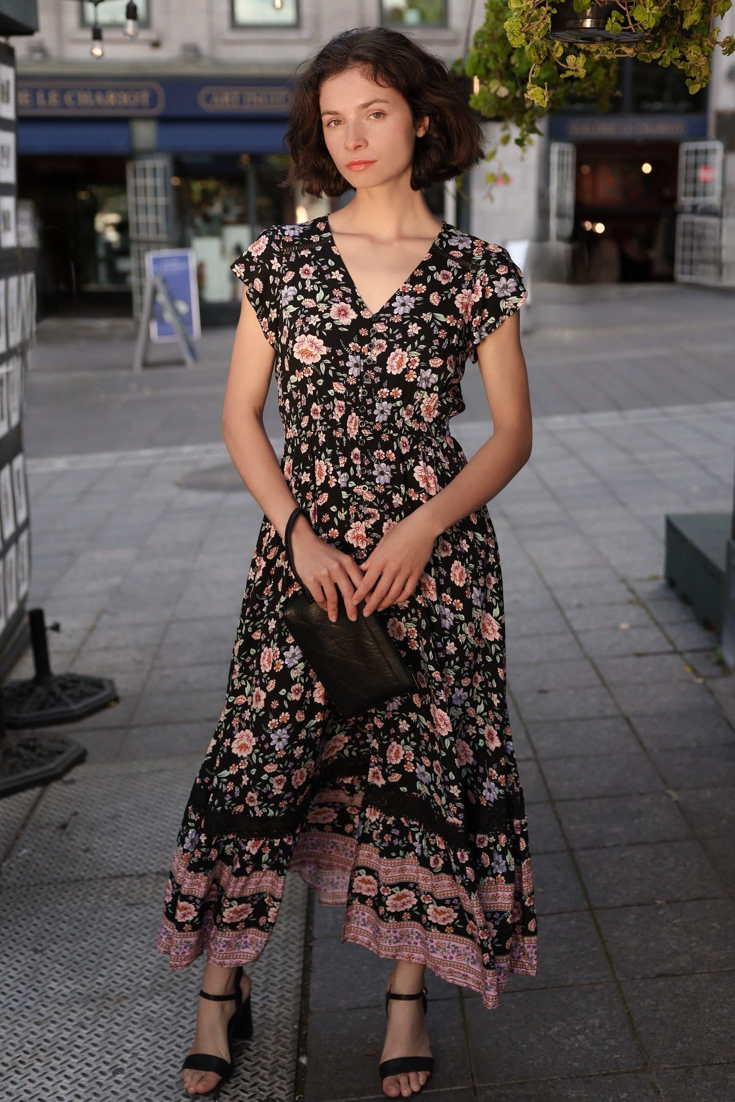 Michelle Floral Maxi Dess V-Neck Cap Sleeves