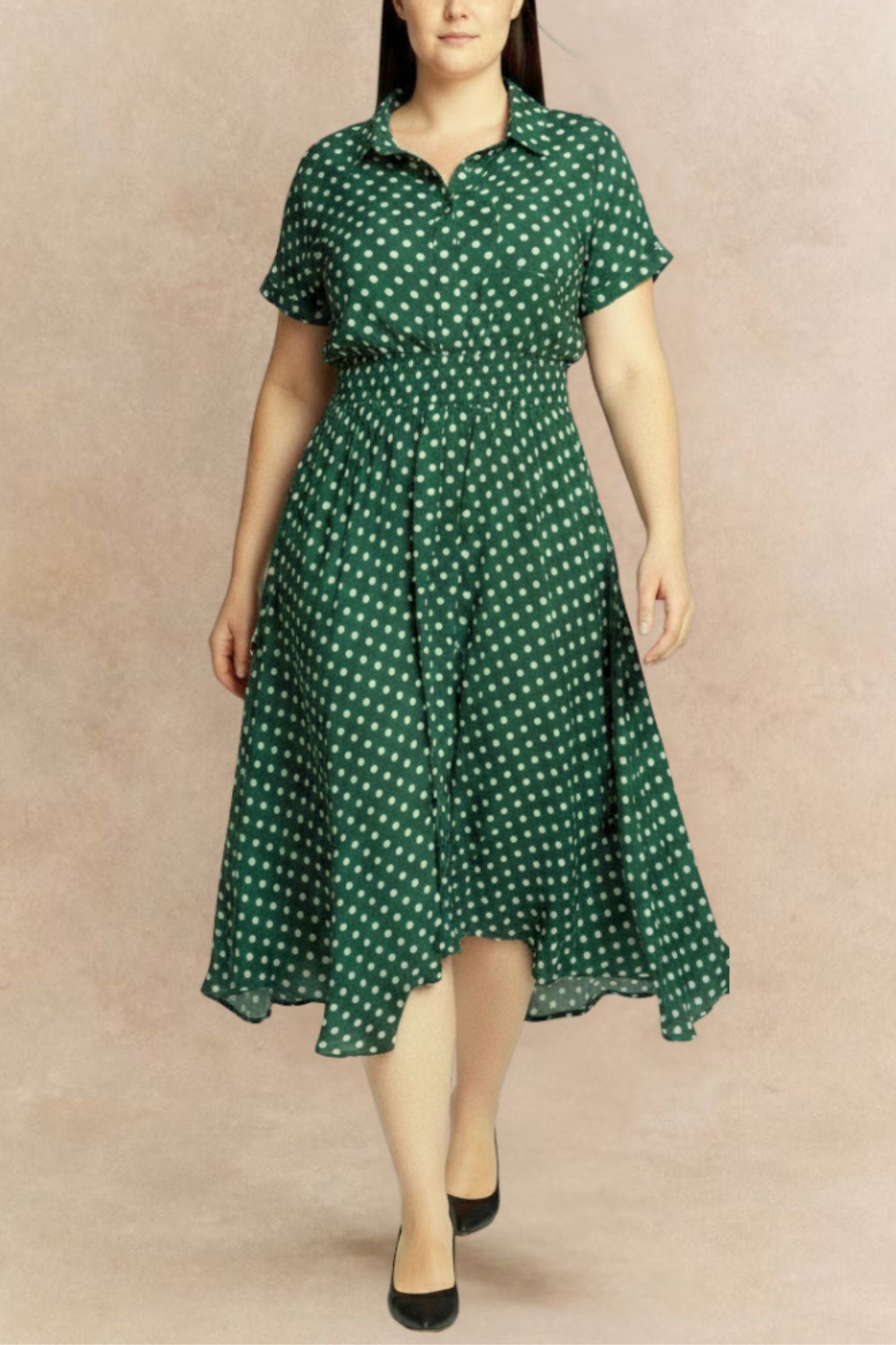 Jacqueline Polka Dot Shirred Midi Dress