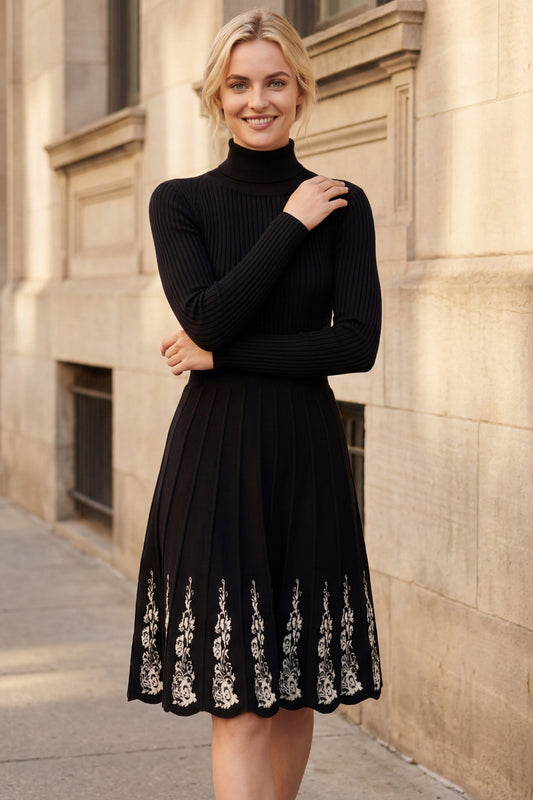 Jeanne Turtleneck Black Dress Floral