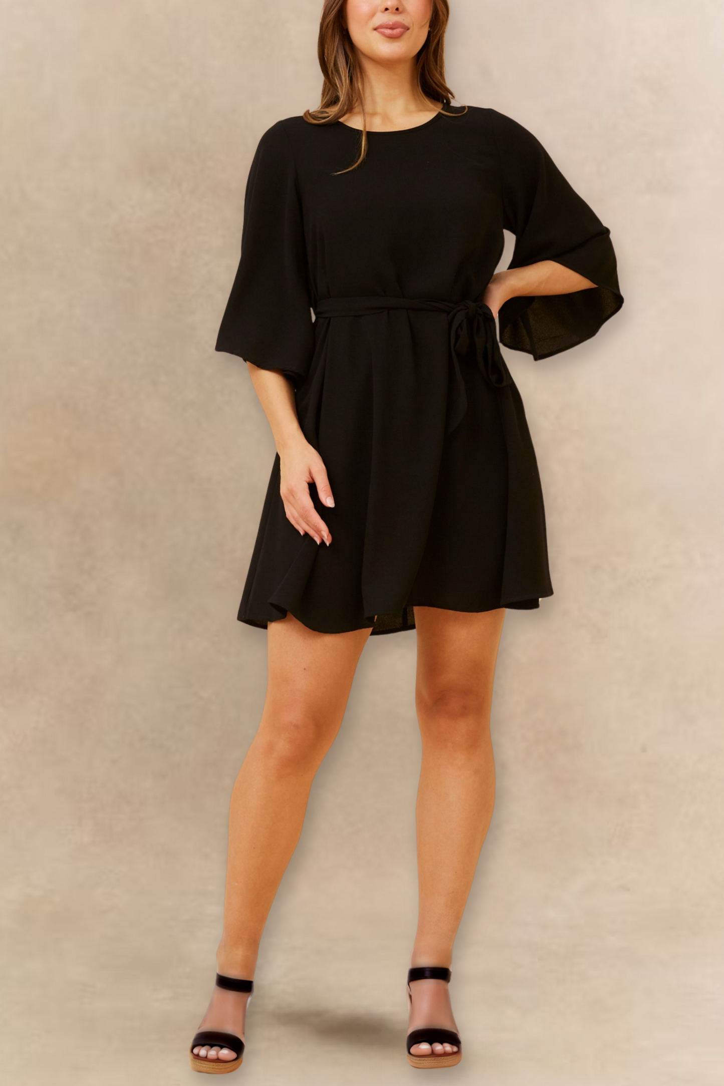 Jennifer Women's Flared Sleeve Belted Dress Solid Color