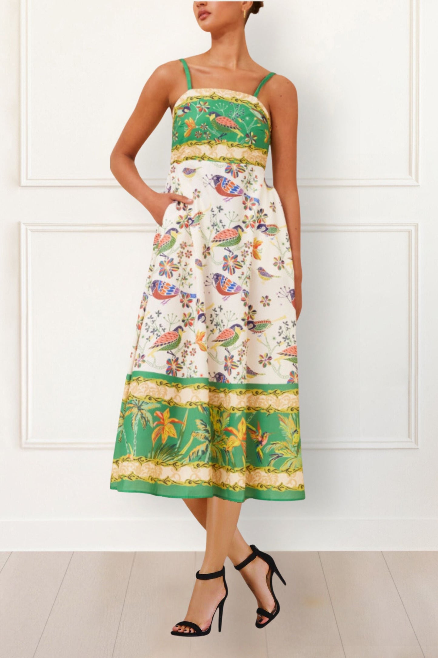 Julie Boho Bird Print Midi Dress - Spaghetti Straps, Pockets, Flowy