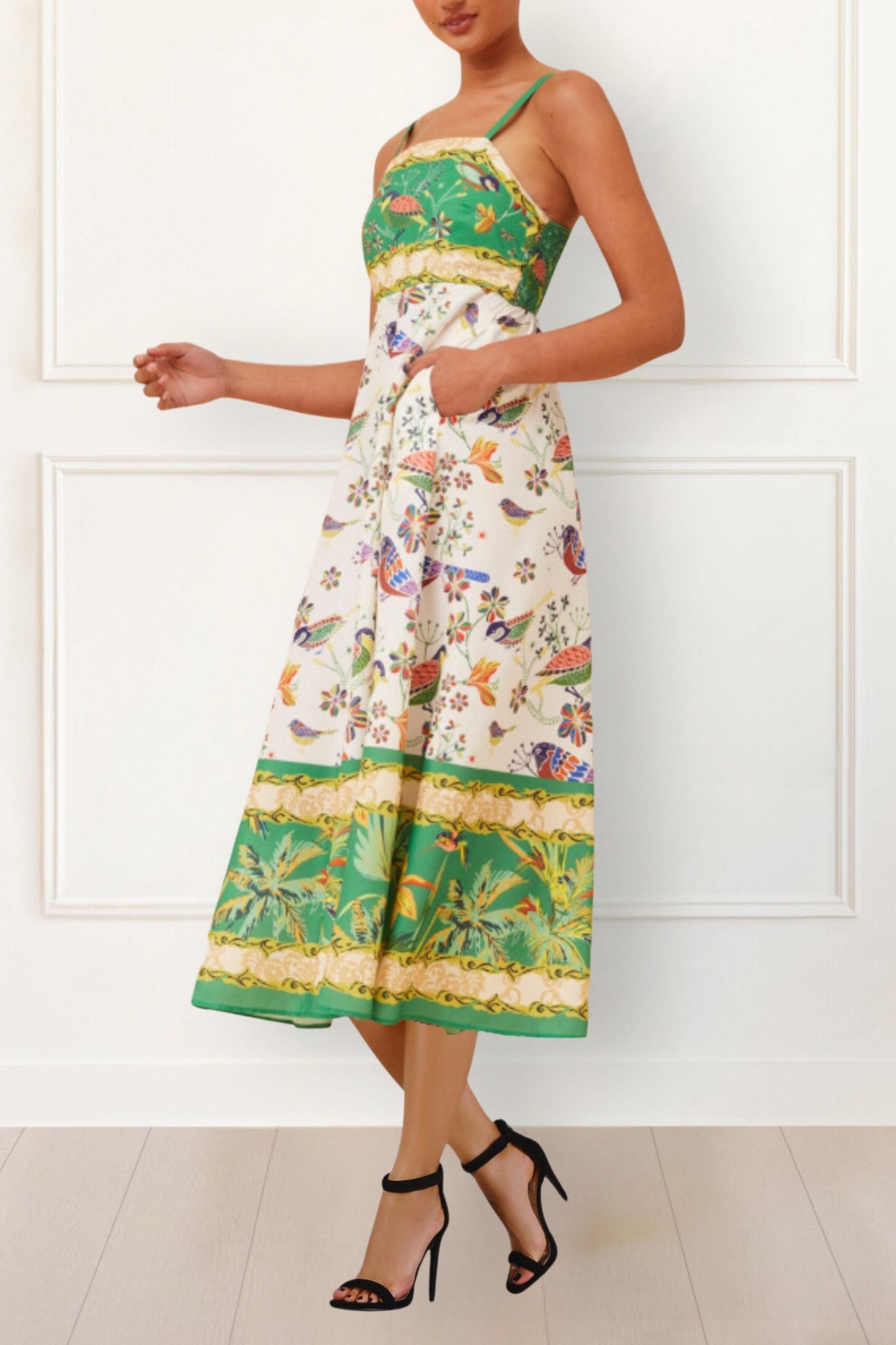 Julie Boho Bird Print Midi Dress - Spaghetti Straps, Pockets, Flowy
