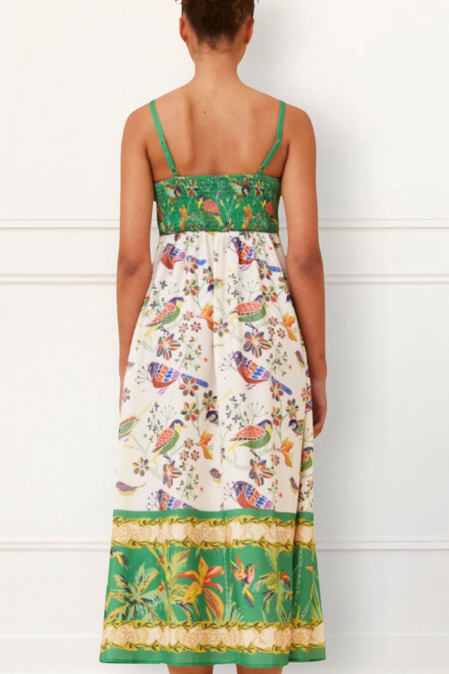 Julie Boho Bird Print Midi Dress - Spaghetti Straps, Pockets, Flowy