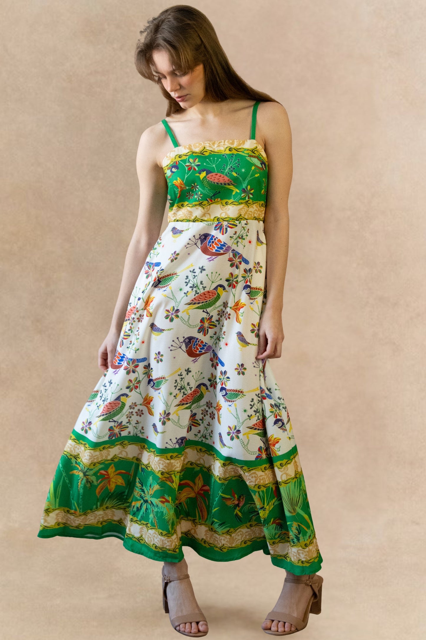 Julie Bird Print Green Strap Midi Dress