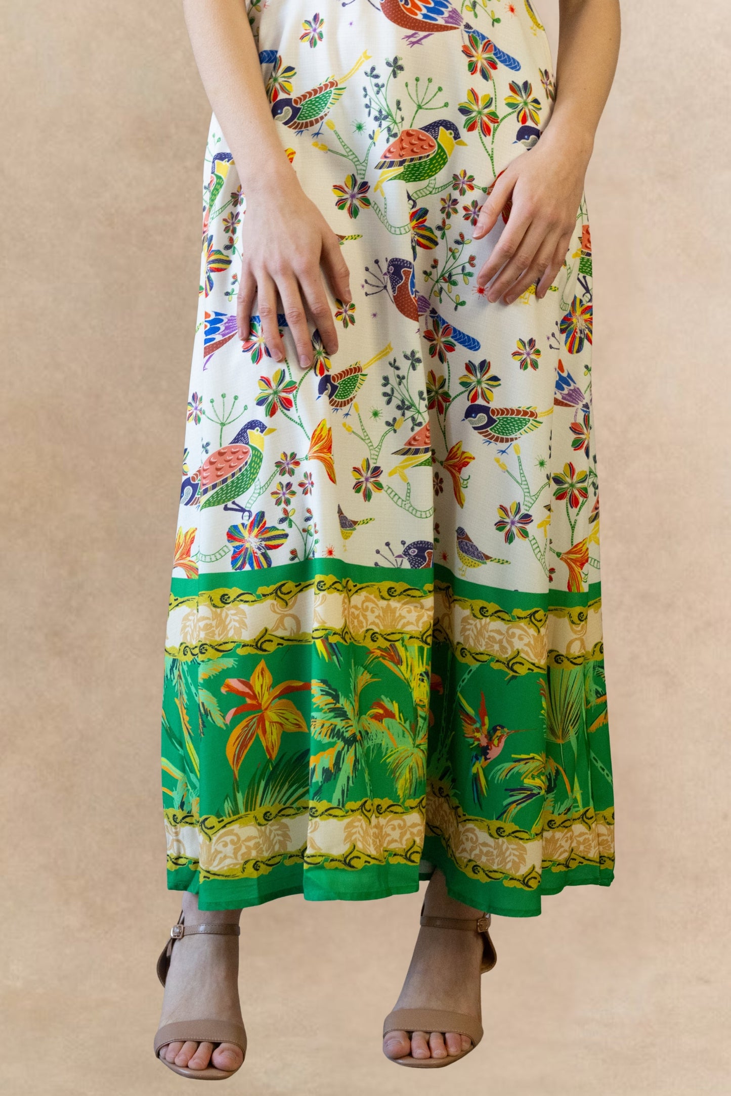 Julie Bird Print Green Strap Midi Dress