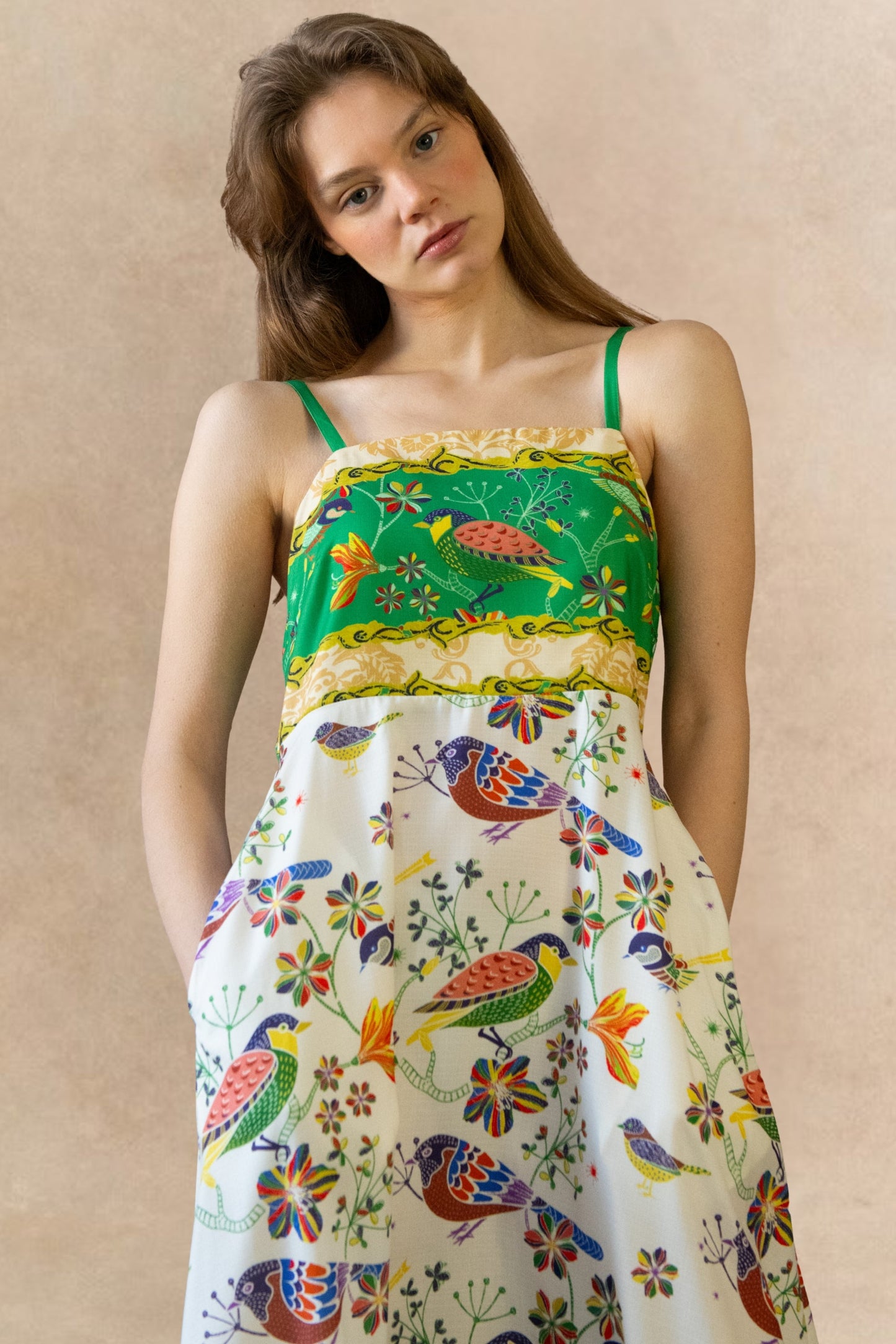 Julie Bird Print Green Strap Midi Dress