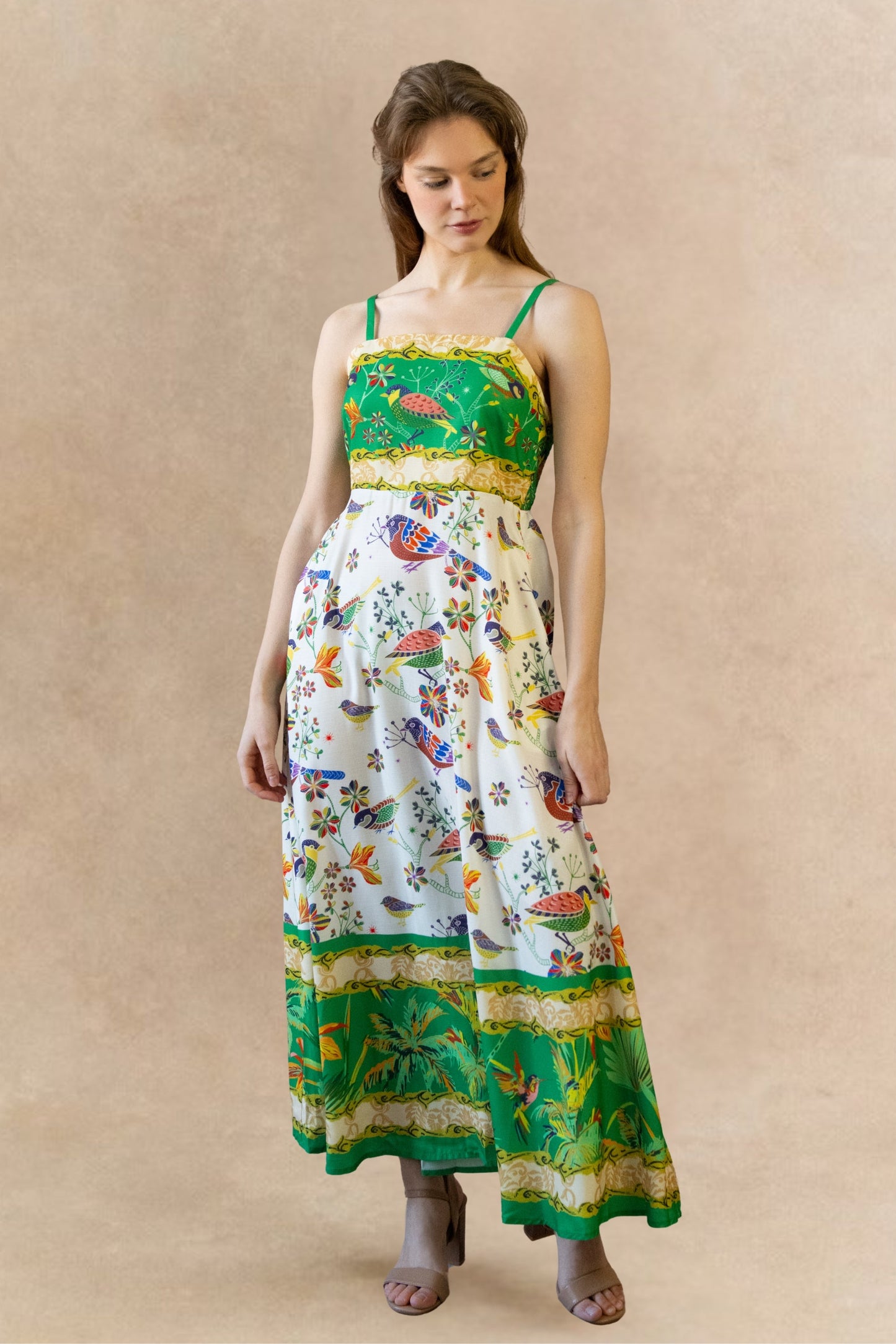 Julie Bird Print Green Strap Midi Dress