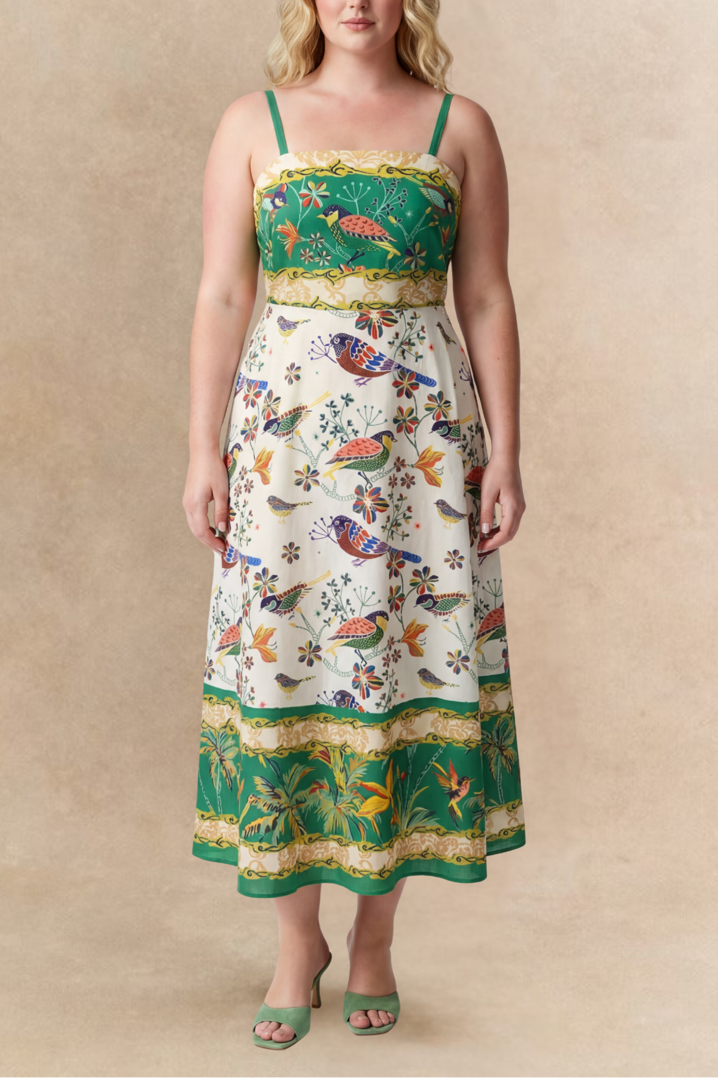 Julie Bird Print Green Strap Midi Dress