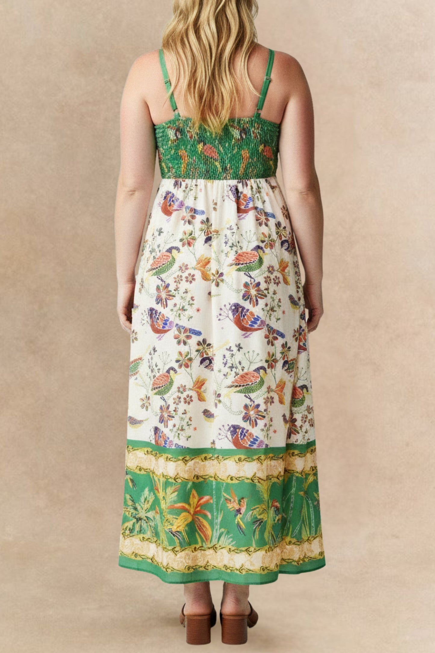 Julie Bird Print Green Strap Midi Dress