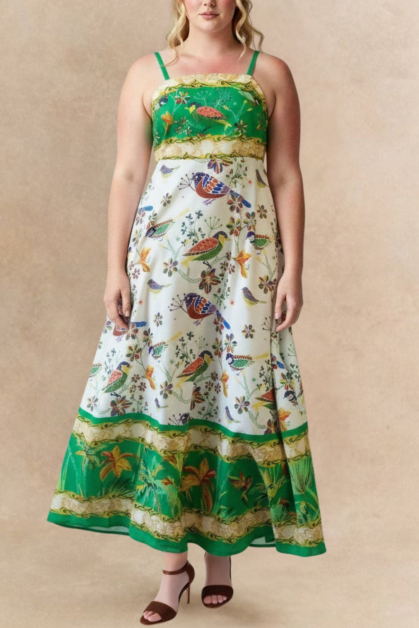 Julie Bird Print Green Strap Maxi Dress