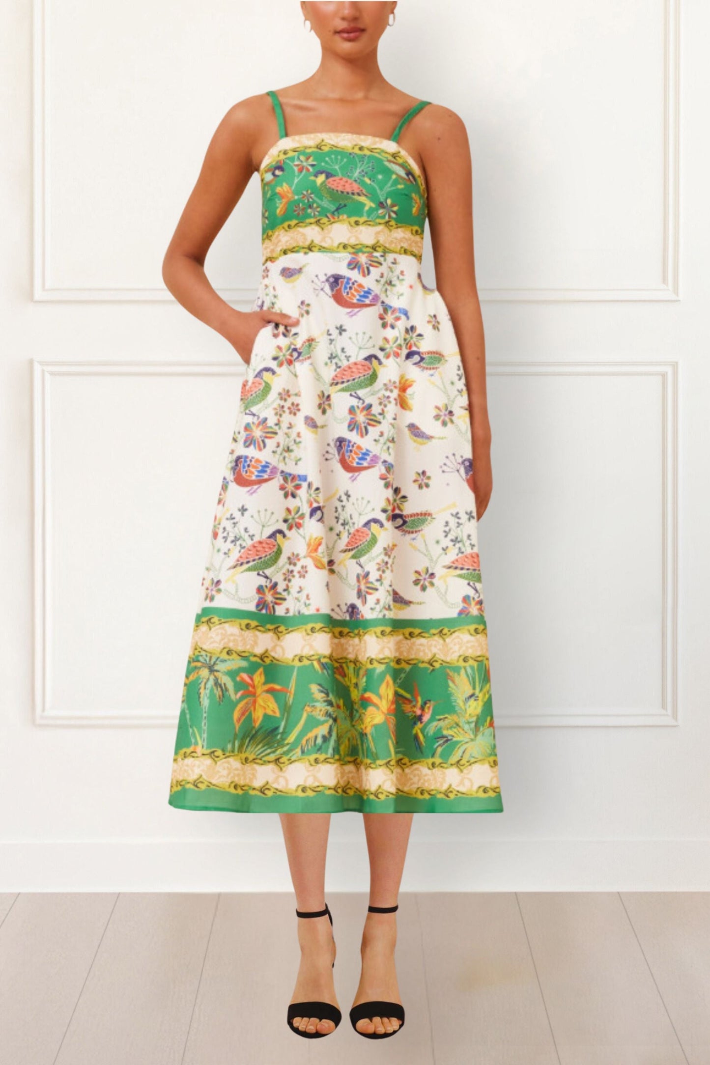 Julie Boho Bird Print Midi Dress - Spaghetti Straps, Pockets, Flowy