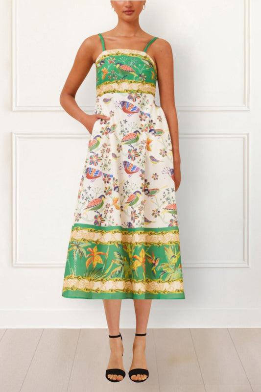 Julie Boho Bird Print Midi Dress - Spaghetti Straps, Pockets, Flowy