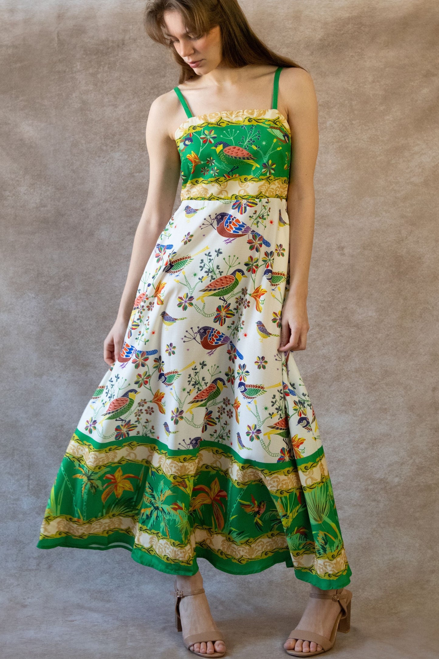 Julie Bird Print Green Strap Midi Dress