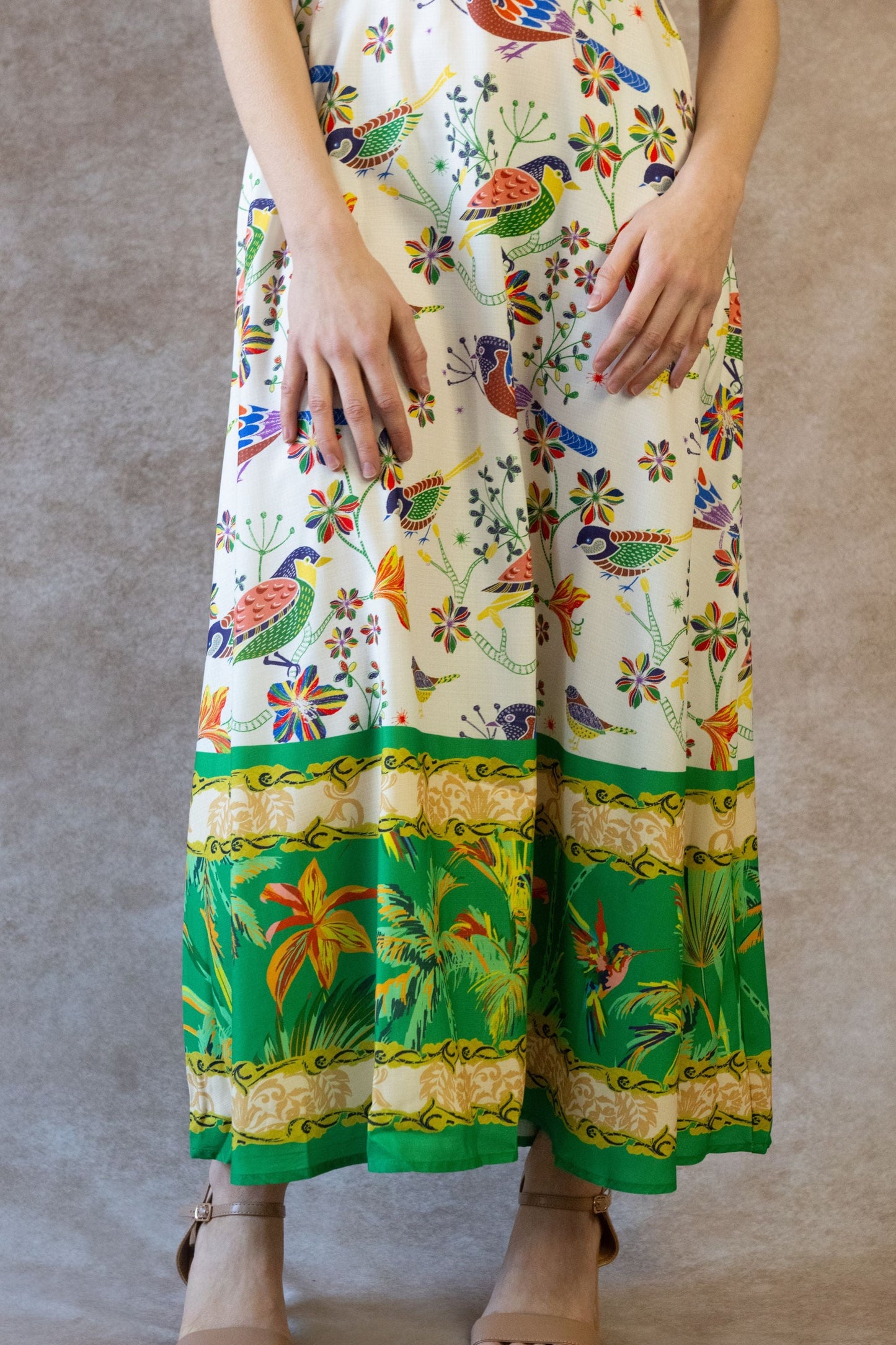 Julie Boho Bird Print Midi Dress - Spaghetti Straps, Pockets, Flowy