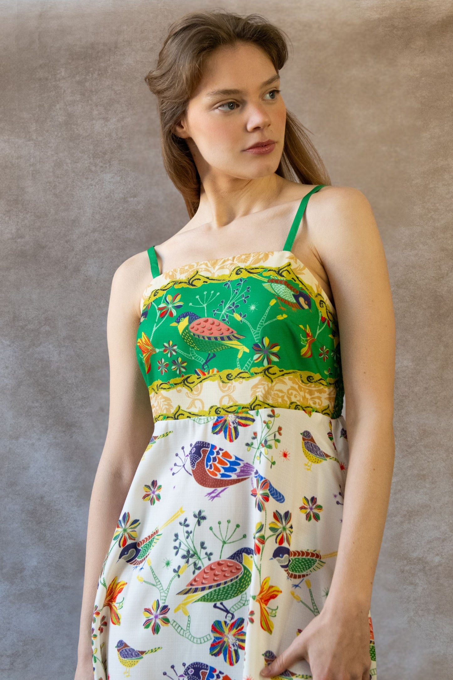 Julie Boho Bird Print Midi Dress - Spaghetti Straps, Pockets, Flowy