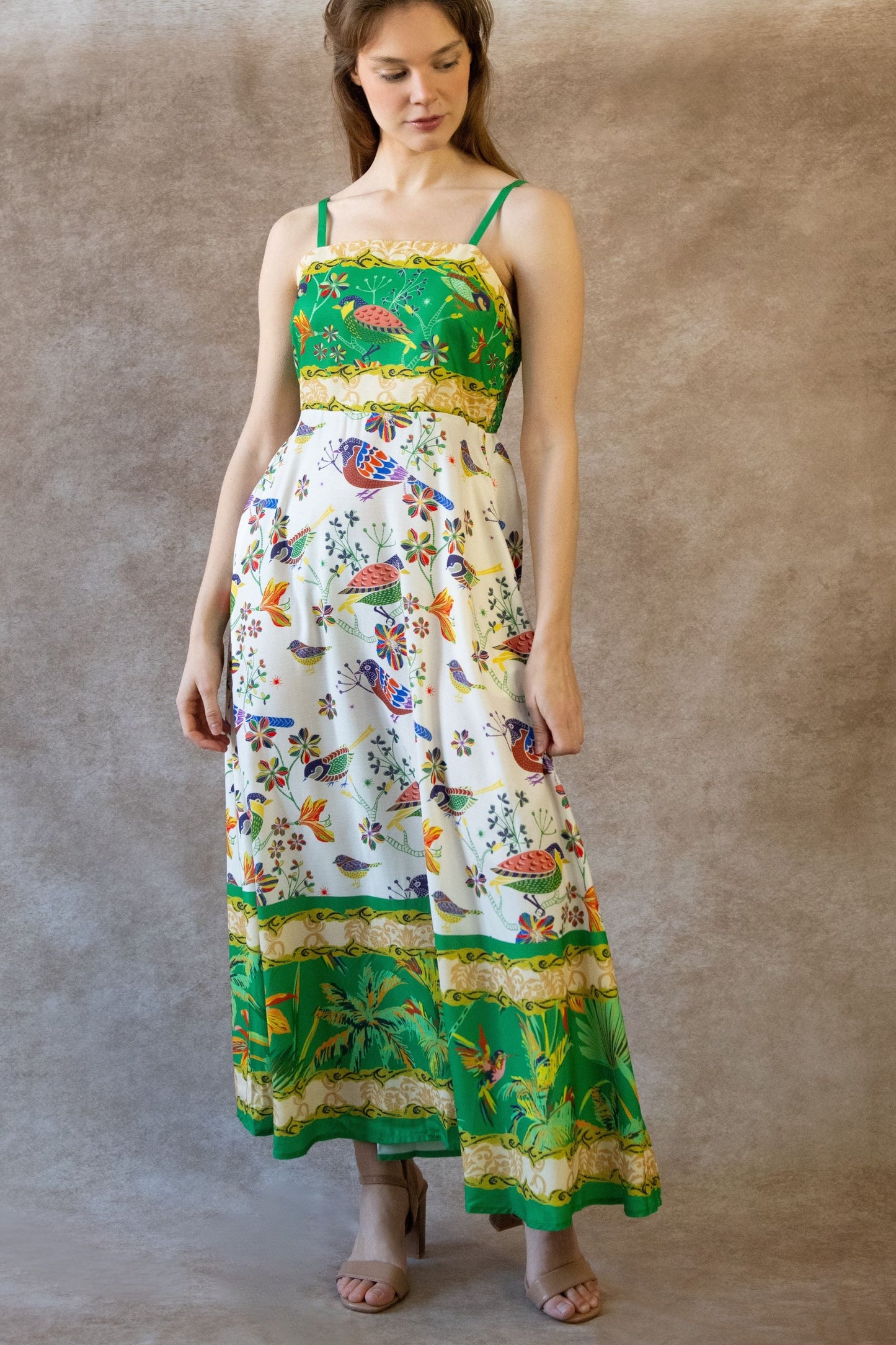 Julie Boho Bird Print Midi Dress - Spaghetti Straps, Pockets, Flowy