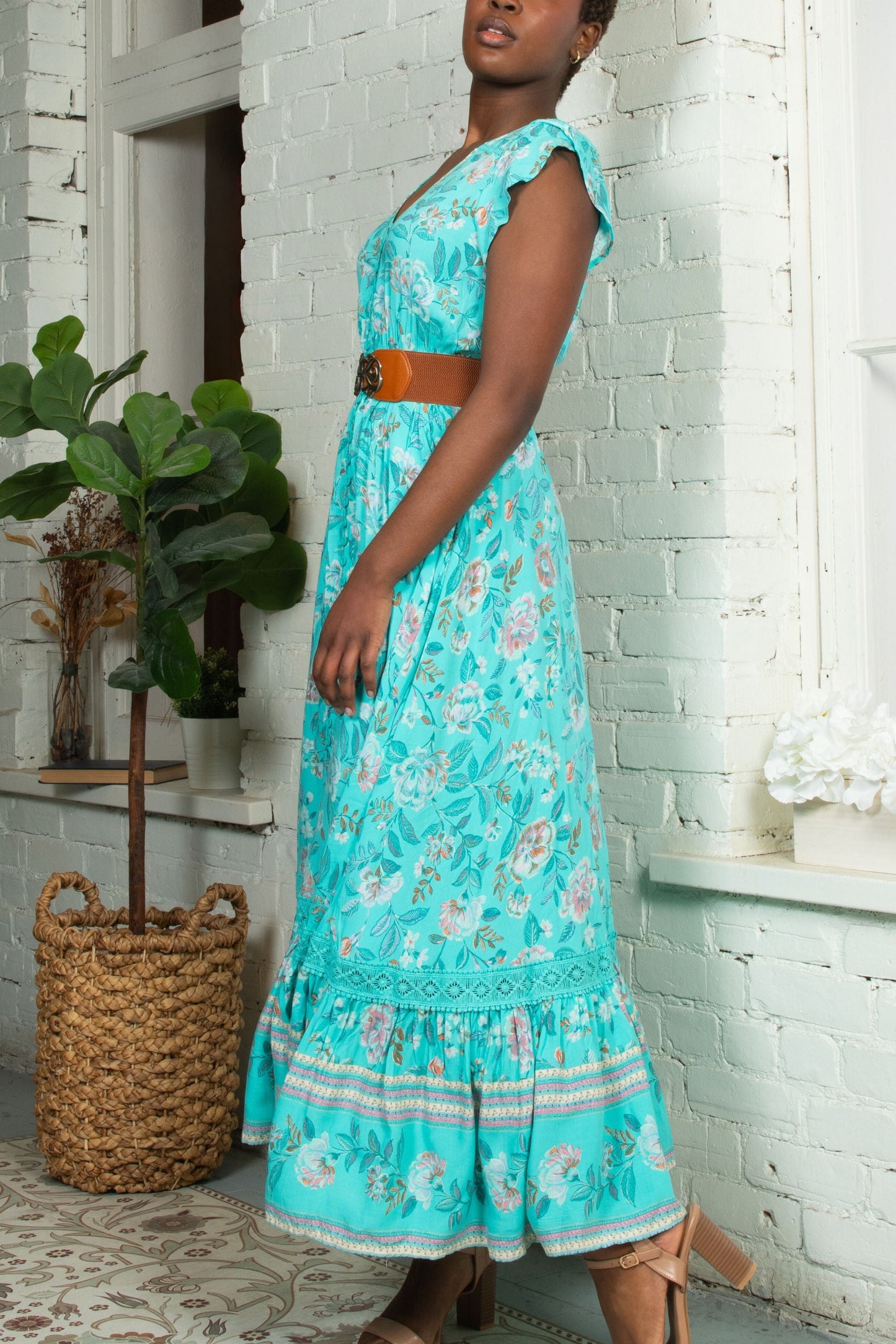 Lizette Floral Blue Button-Front Maxi Dress