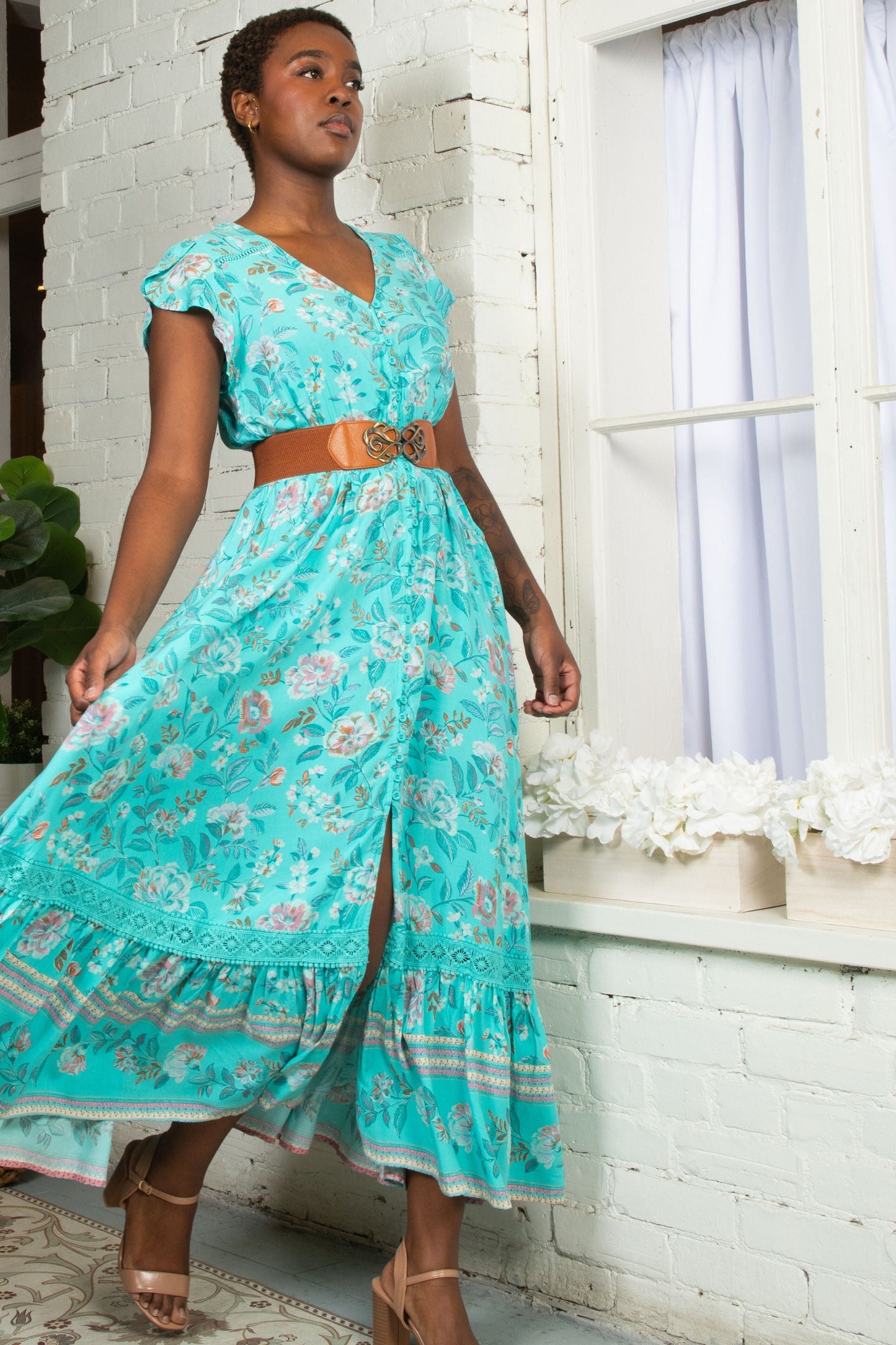 Lizette Floral Blue Button-Front Maxi Dress