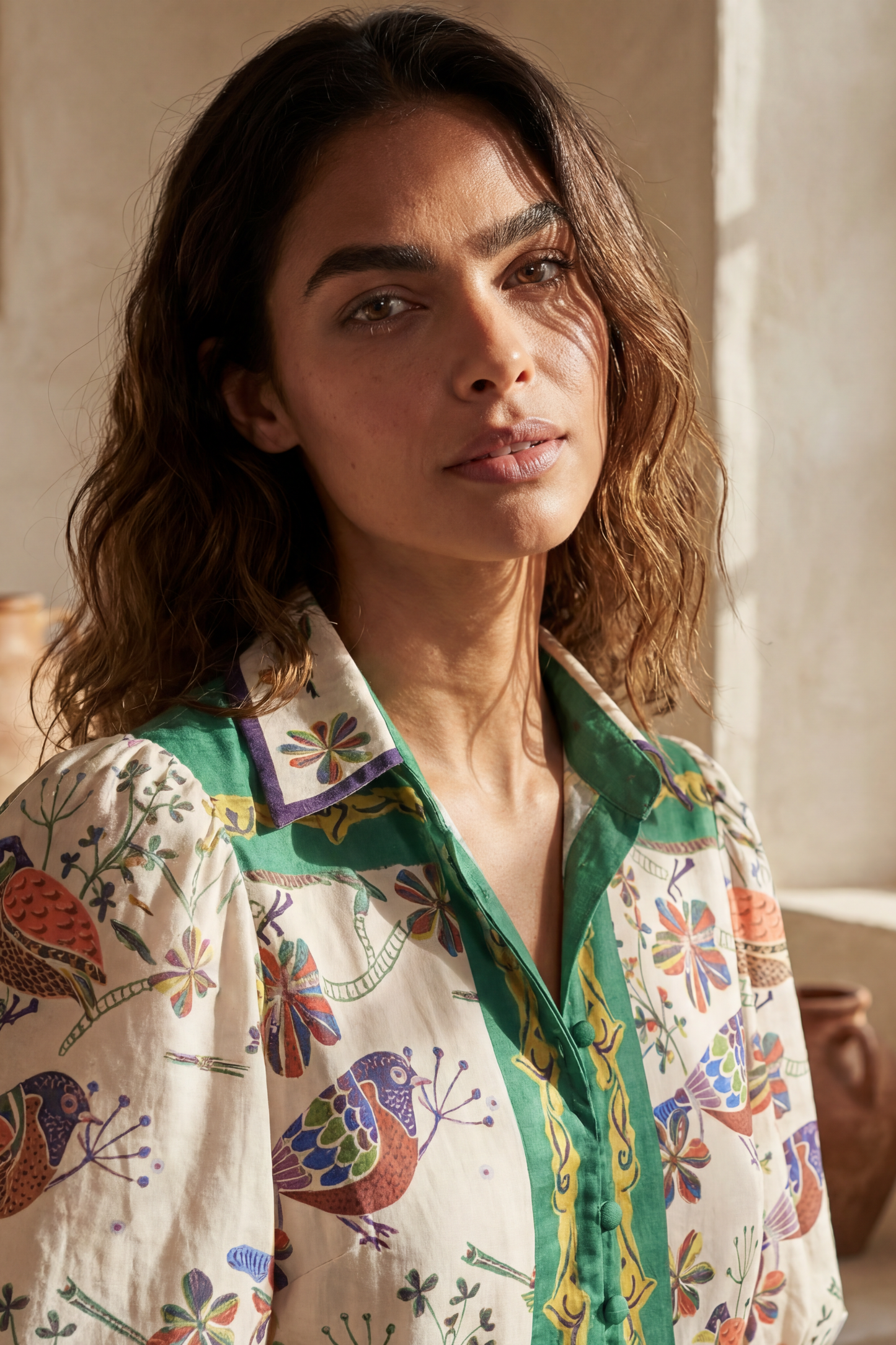 Leontine Boho Bird Print Dress Bell Sleeves Belt