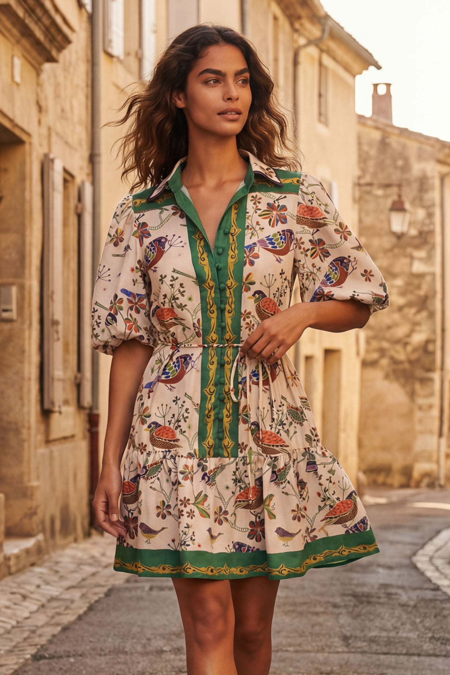 Leontine Boho Bird Print Dress Bell Sleeves Belt