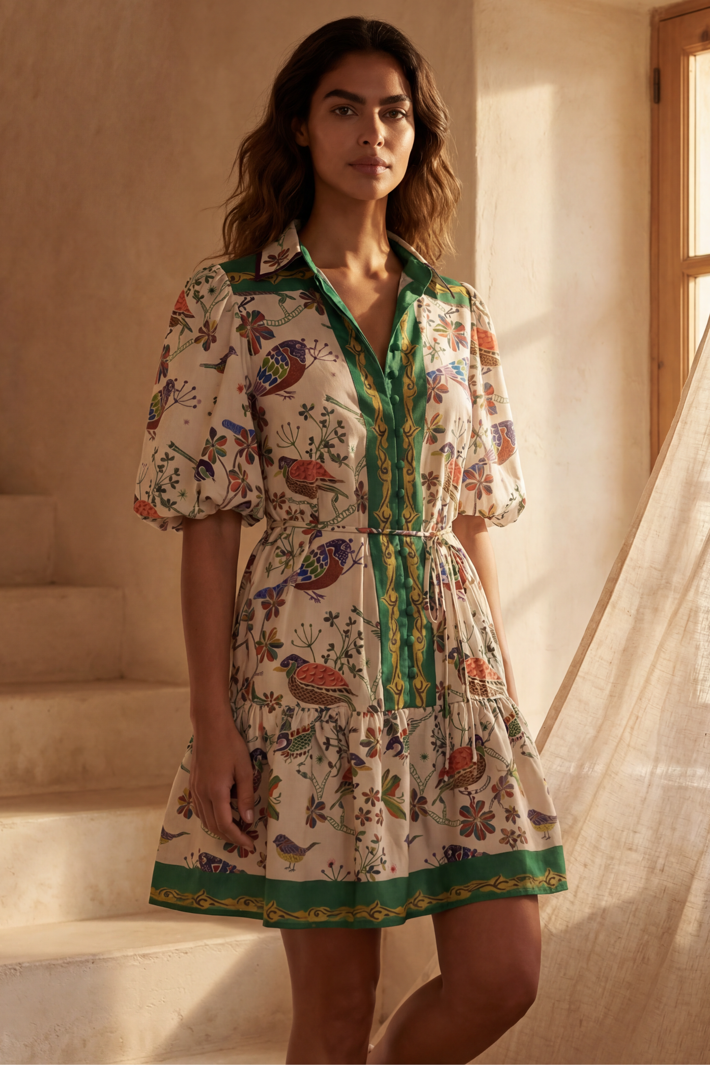 Leontine Boho Bird Print Dress Bell Sleeves Belt