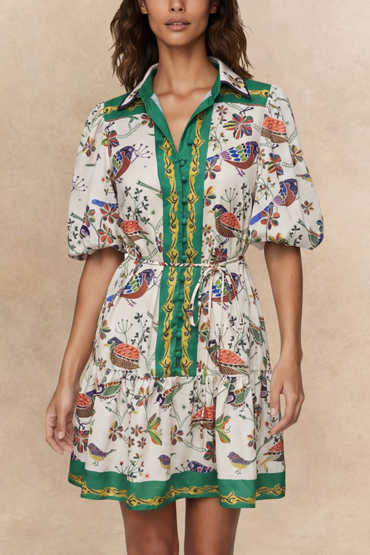 Leontine Boho Bird Print Dress Bell Sleeves Belt