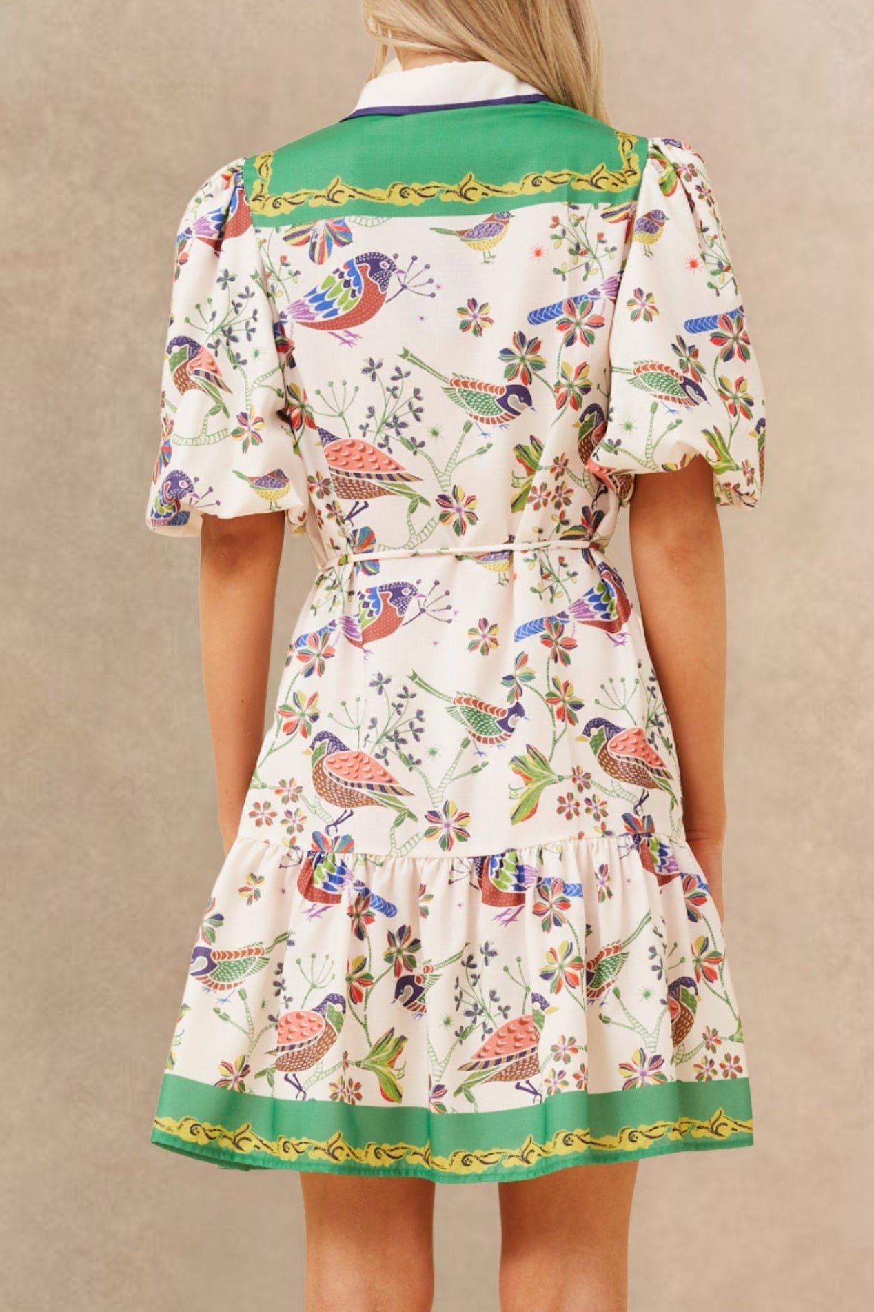 Leontine Boho Bird Print Dress Puff Sleeves Buttons