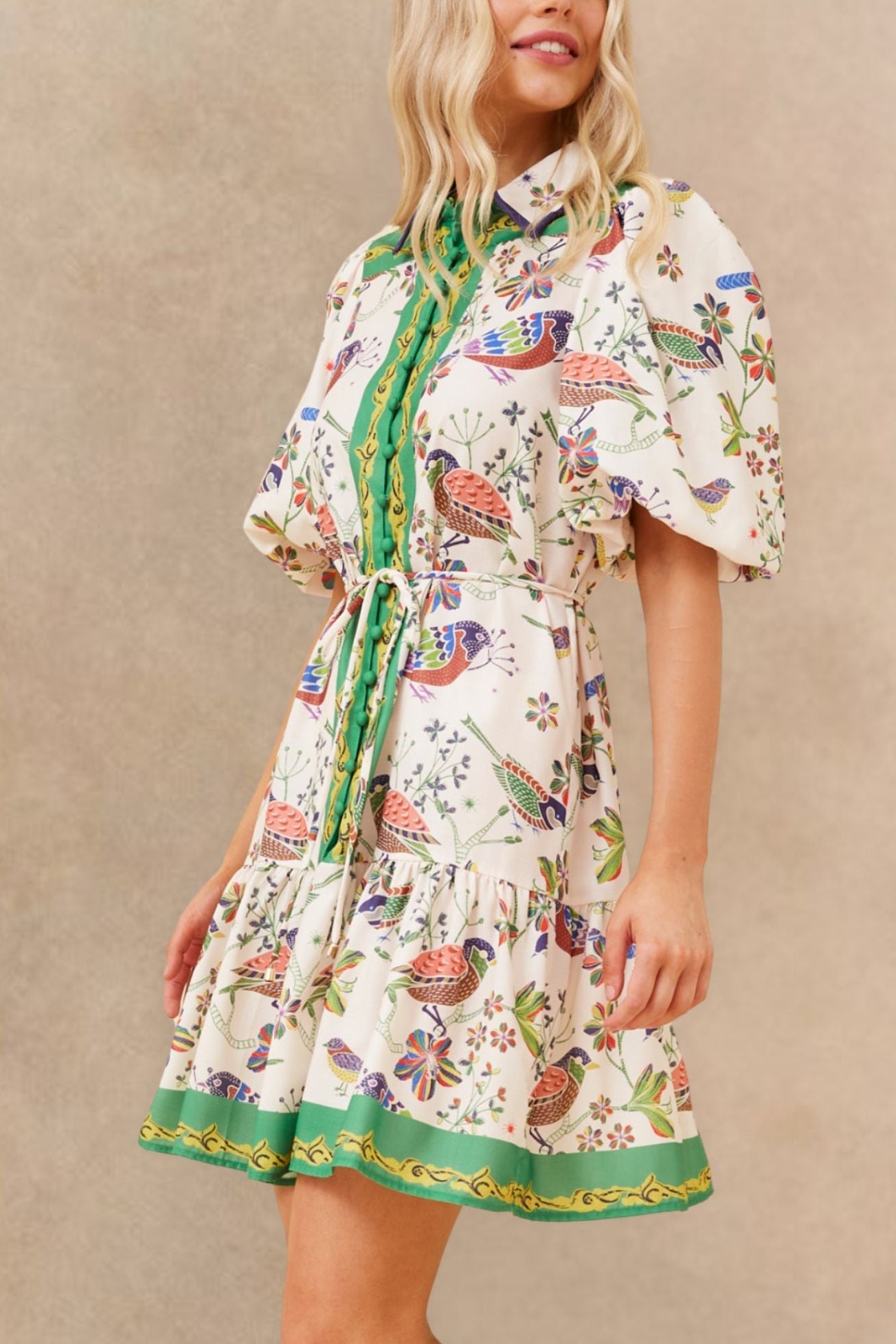 Leontine Boho Bird Print Dress Bell Sleeves Belt