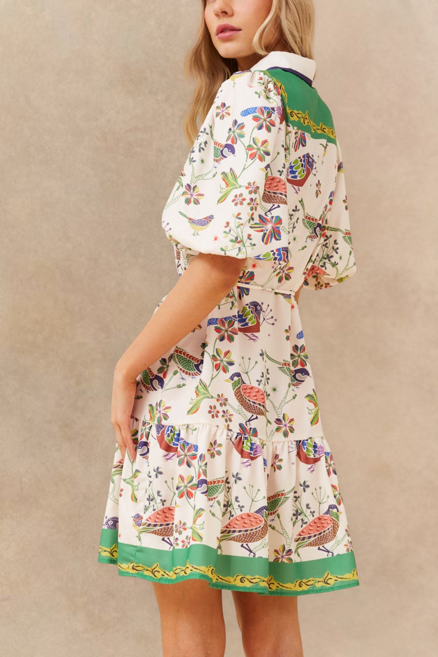 Leontine Boho Bird Print Dress Bell Sleeves Belt