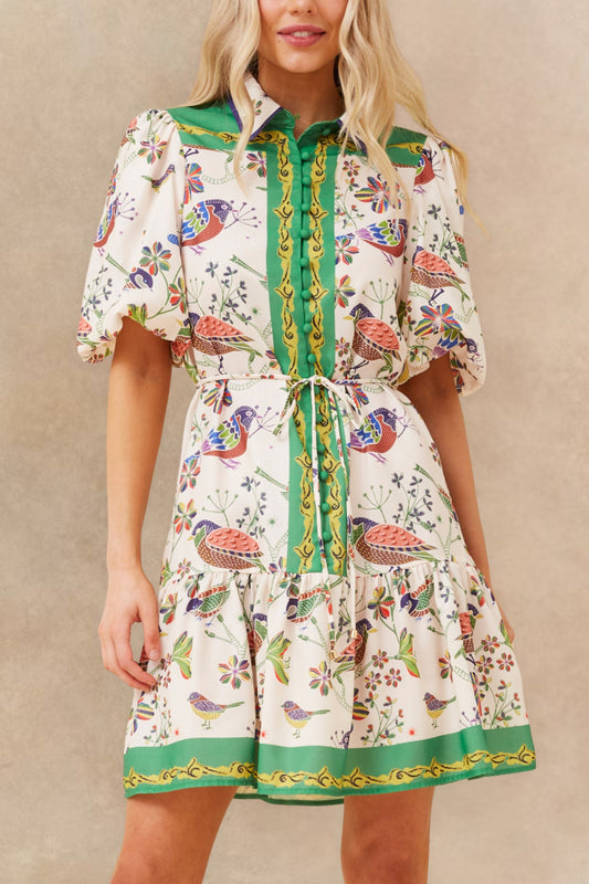 Leontine Boho Bird Print Mini Dress - Puff Sleeves, Button Down, Tie Waist