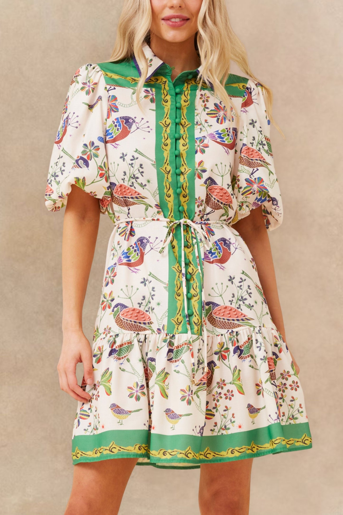 Leontine Boho Bird Print Mini Dress Bell Sleeves Belt