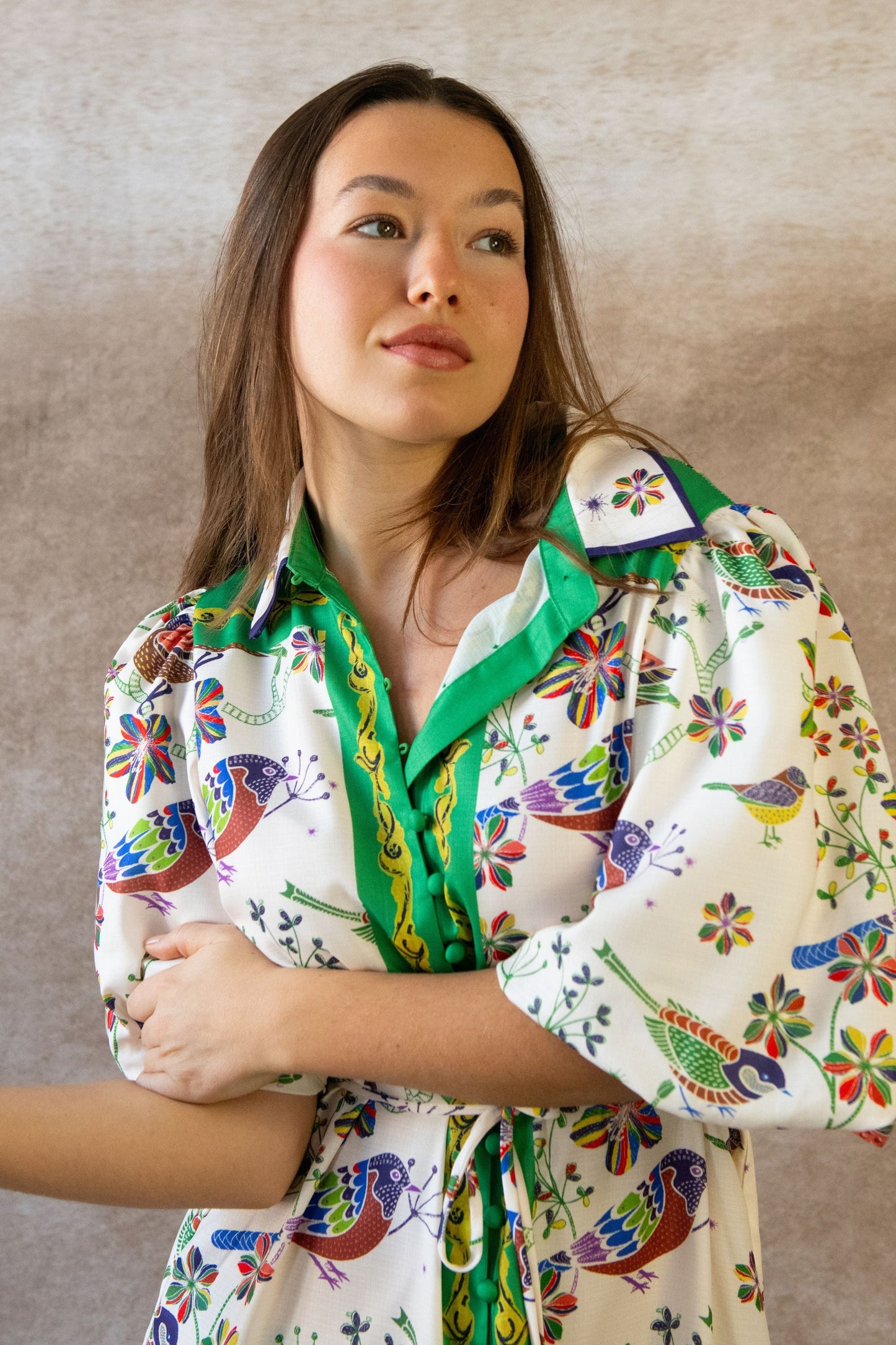 Leontine Boho Bird Print Dress Bell Sleeves Belt