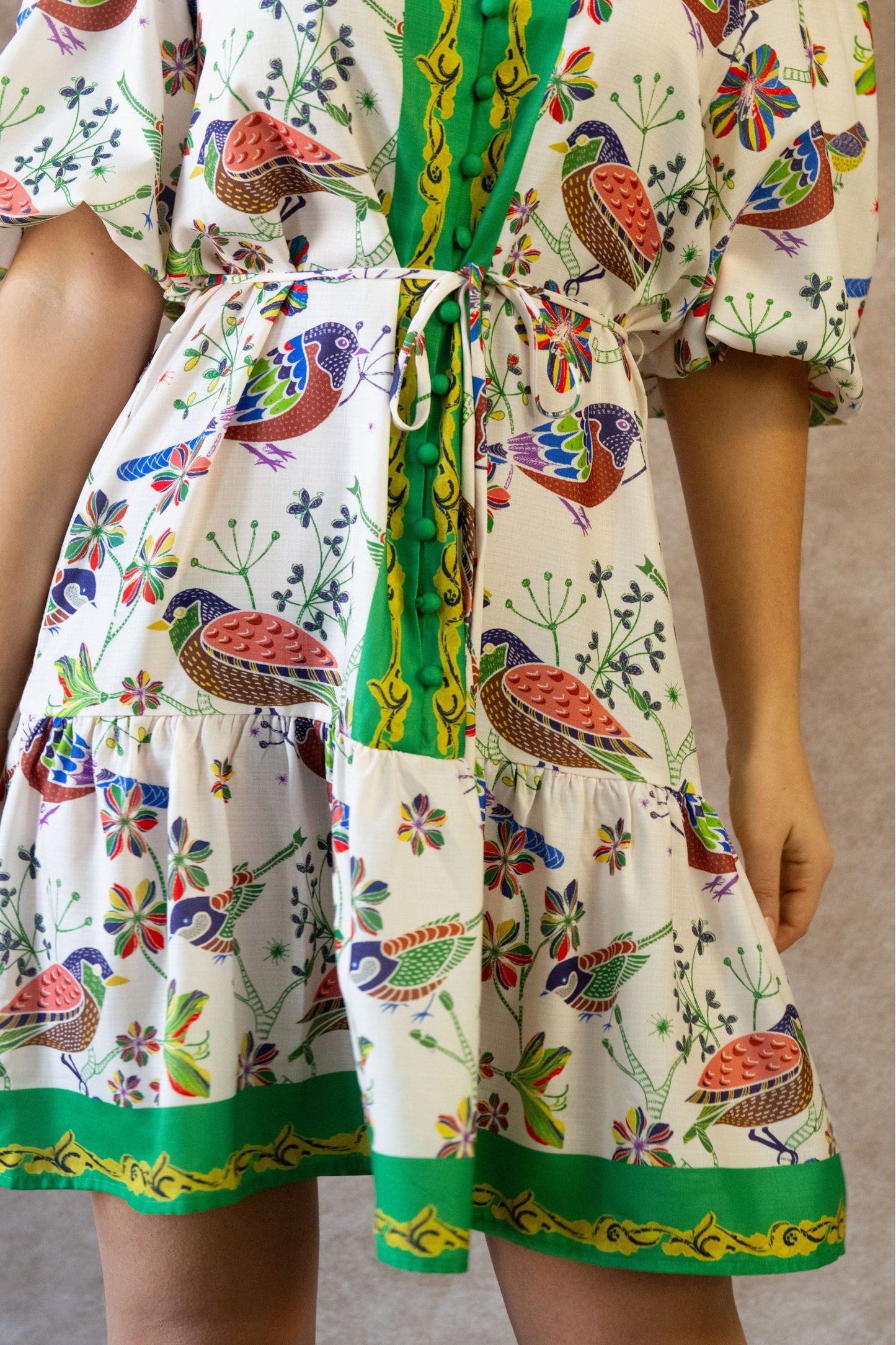 Leontine Boho Bird Print Dress Bell Sleeves Belt