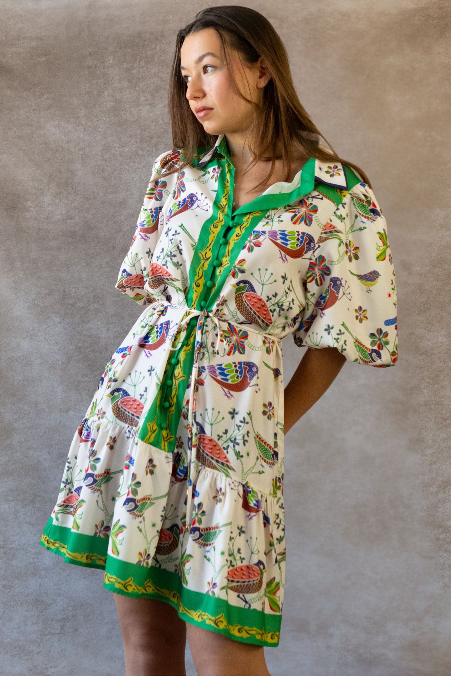 Leontine Boho Bird Print Dress Puff Sleeves Buttons