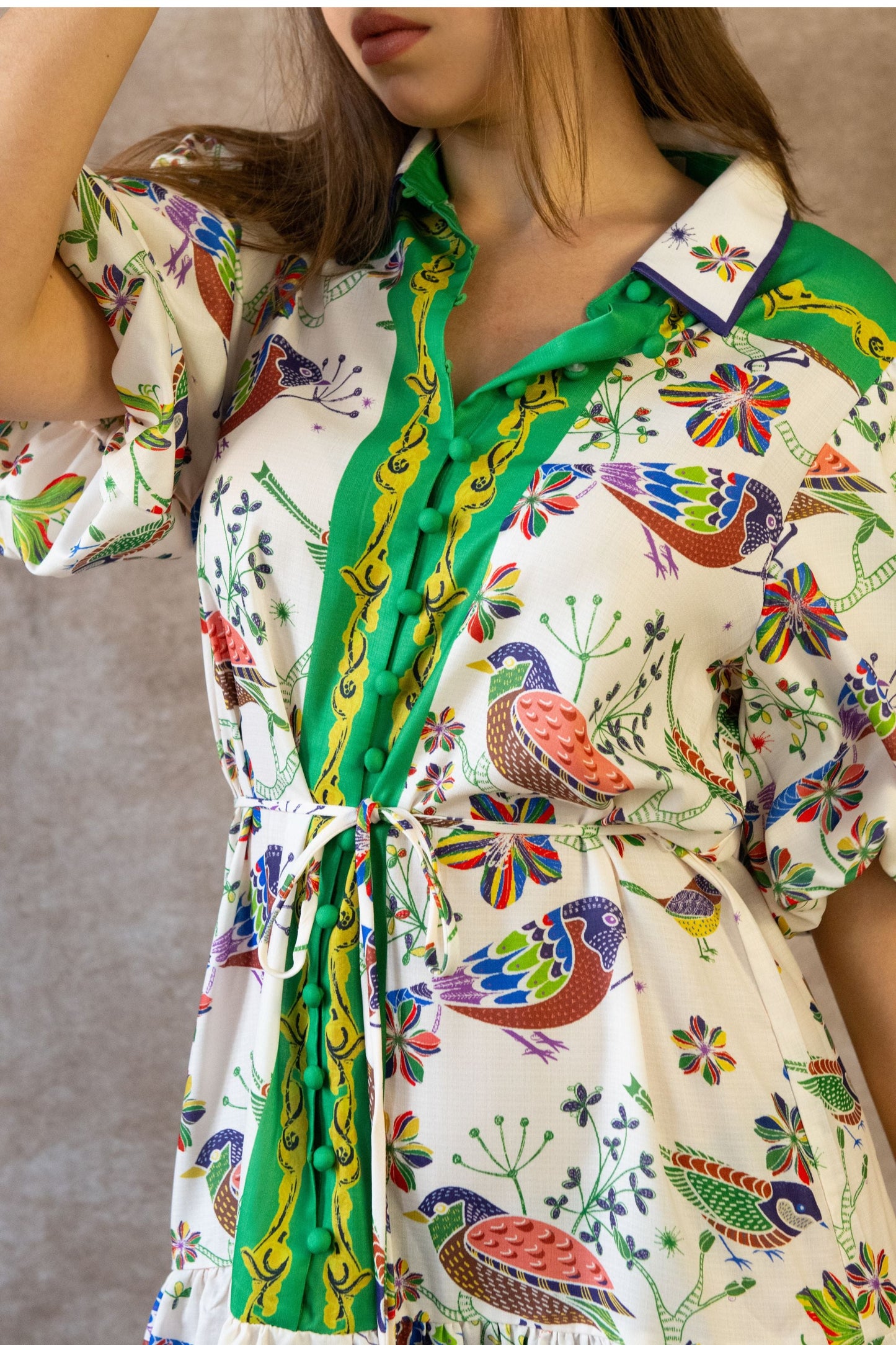 Leontine Boho Bird Print Dress Bell Sleeves Belt