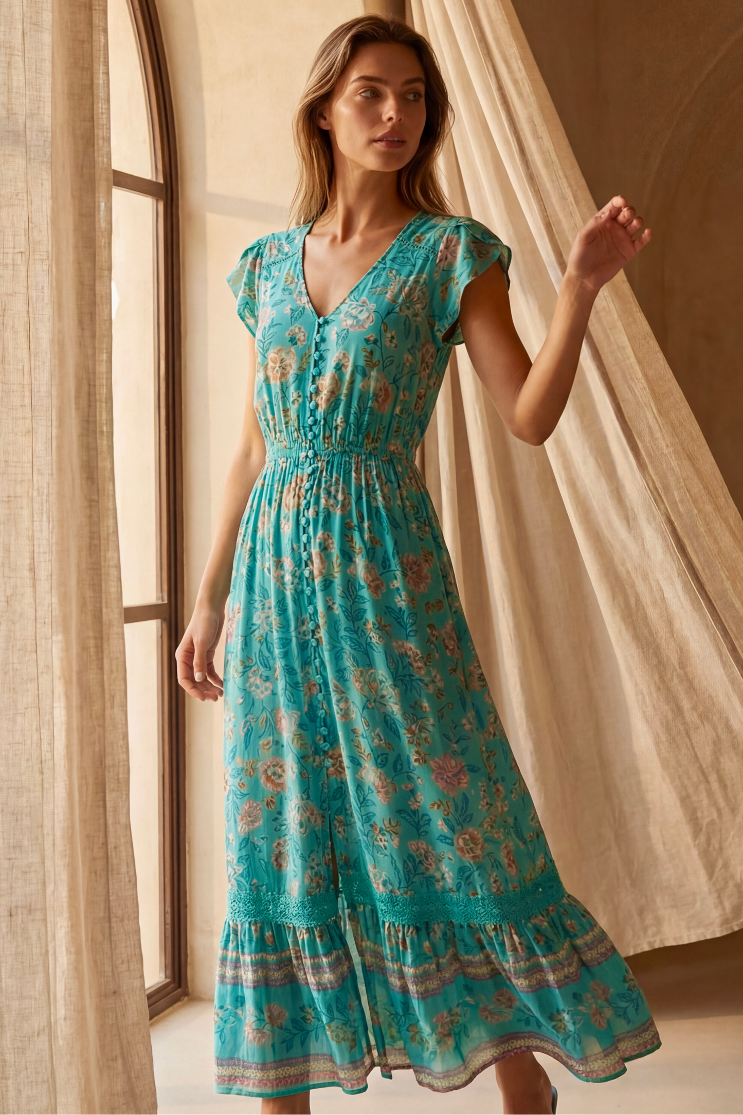 Lizette Floral Blue Button-Front Maxi Dress