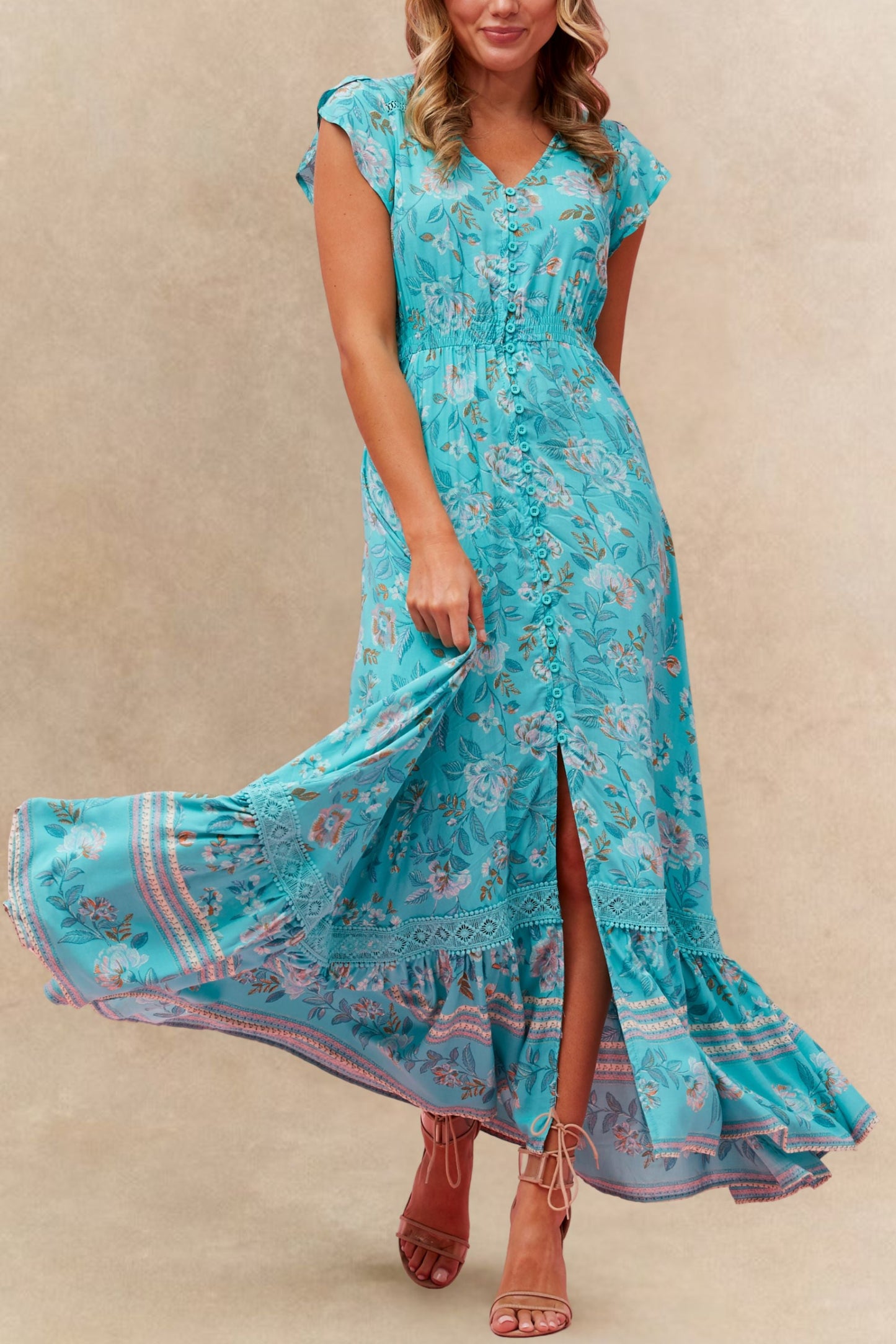 Lizette Floral Blue Button-Front Maxi Dress