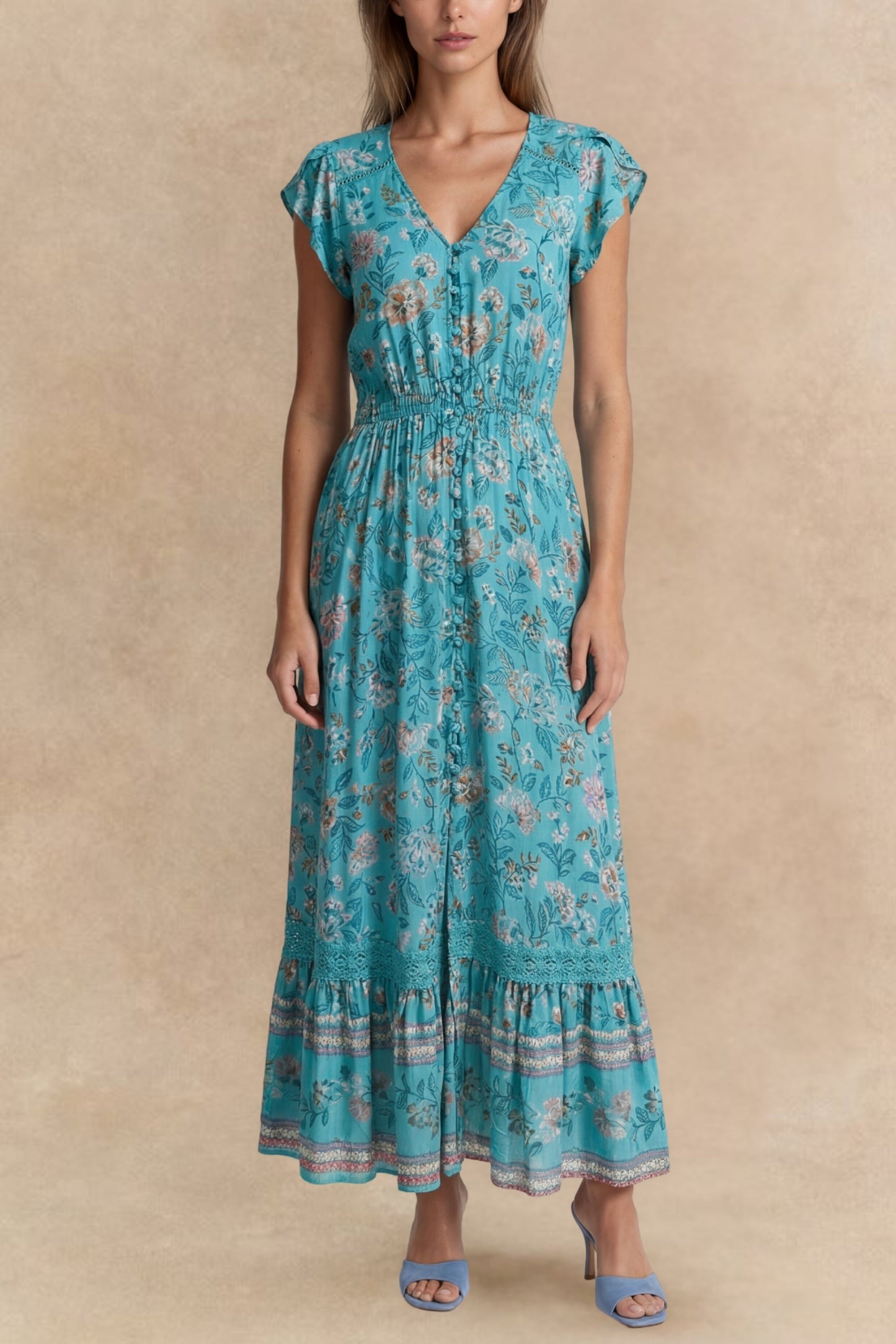 Lizette Floral Blue Button-Front Maxi Dress