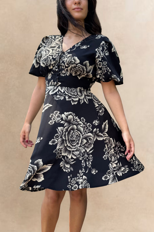 Lottie Black Floral Fit and Flare Dress Flowy Sleeves