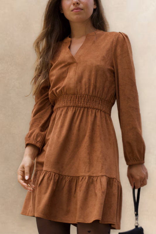 Adrienne Rust Suede Mini Dress Long Sleeves V-Neckline Smocked Waist