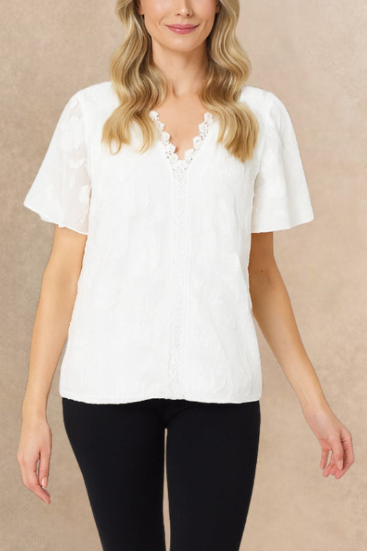 Lucie Embroidered V-Neck Blouse Lace Trim Flutter Sleeves Women