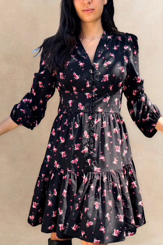 Mila Black Dress Pink Floral Print Button Front Long Sleeves